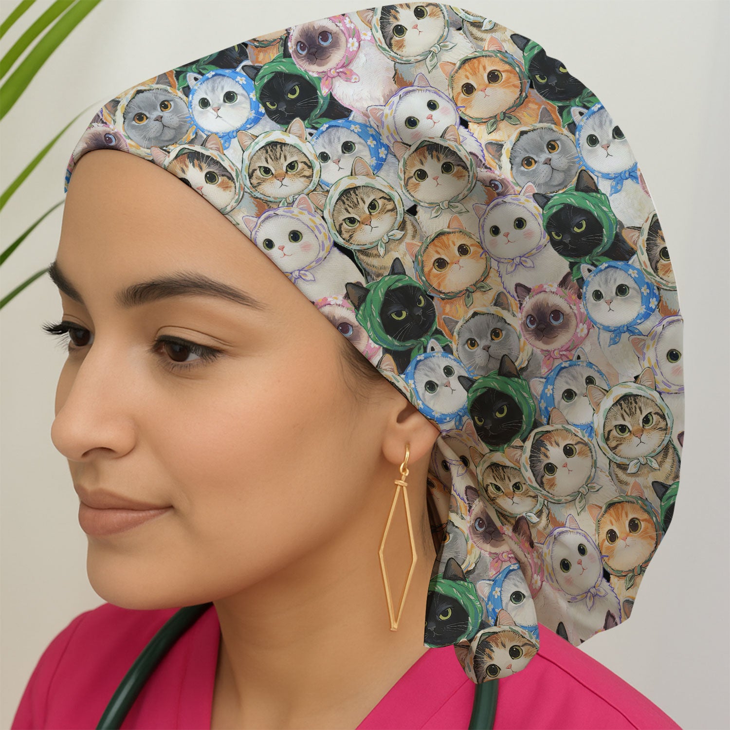Adorable Multi Cat Portrait Pattern Scrub Cap,  Surgical Caps for Doctors