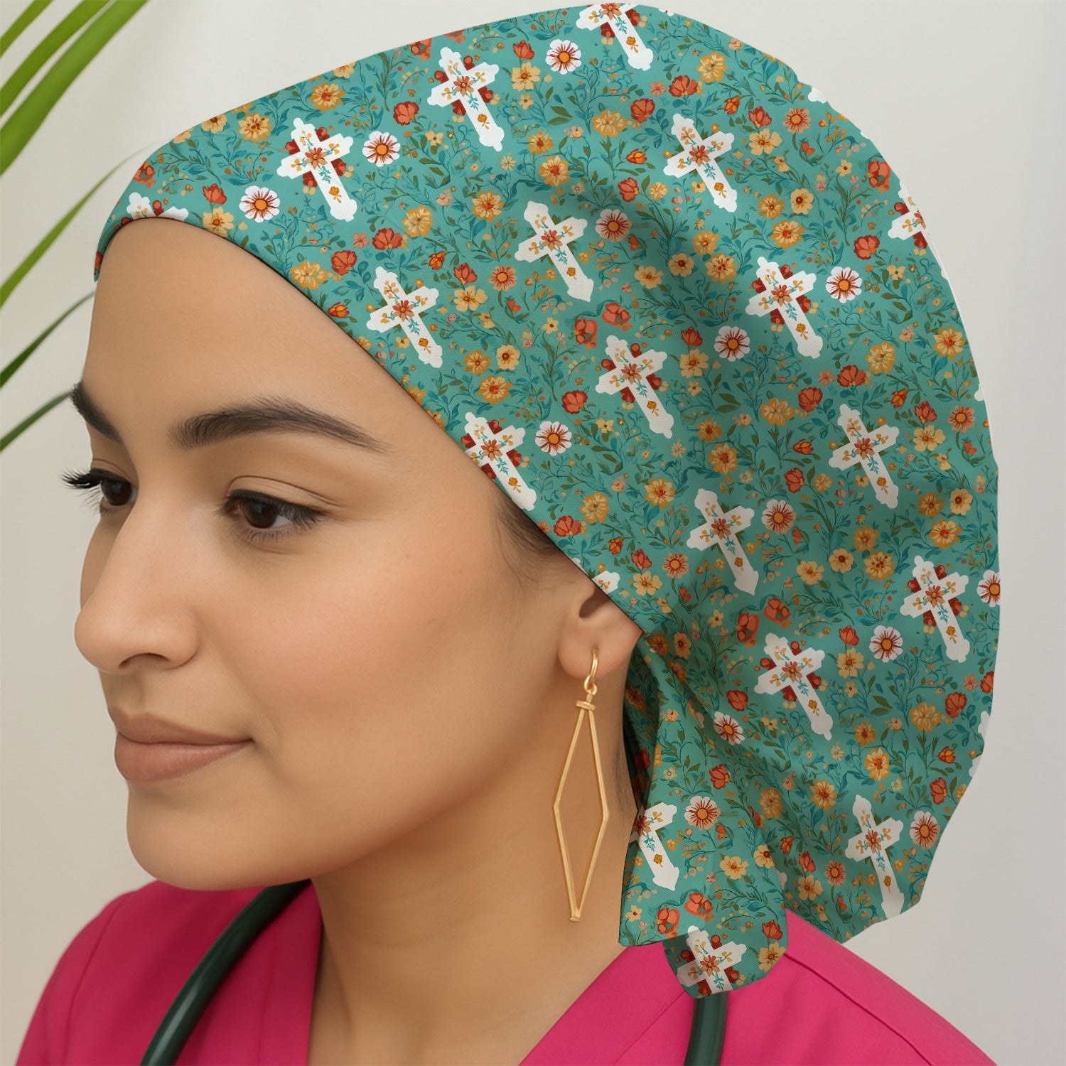 Christian Faith Floral Cross Pattern Scrub Cap, Surgical Caps for Doctors