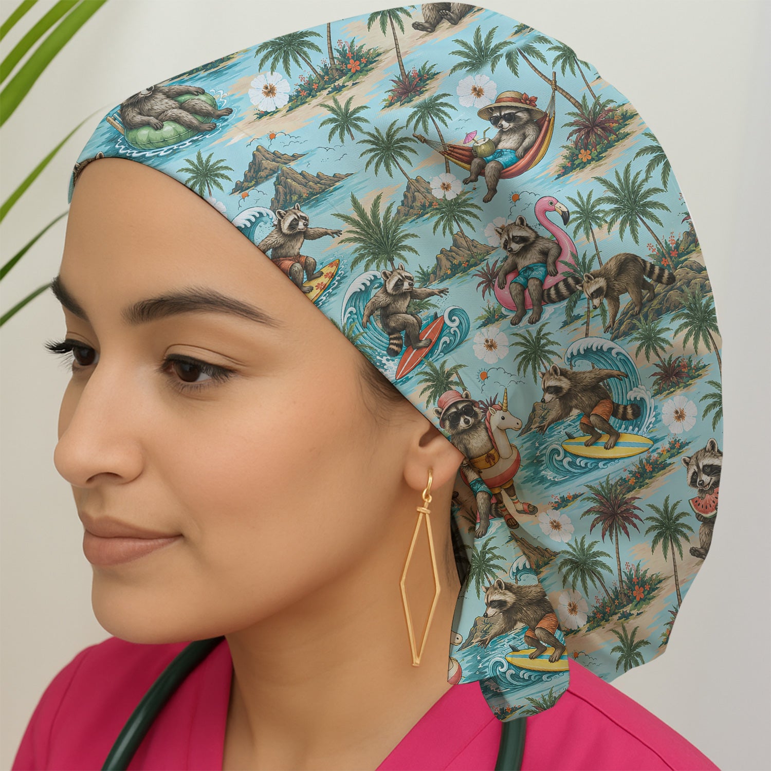 Tropical Raccoon with Surfing Island Beach Print Scrub Cap, Surgical Caps for Doctors