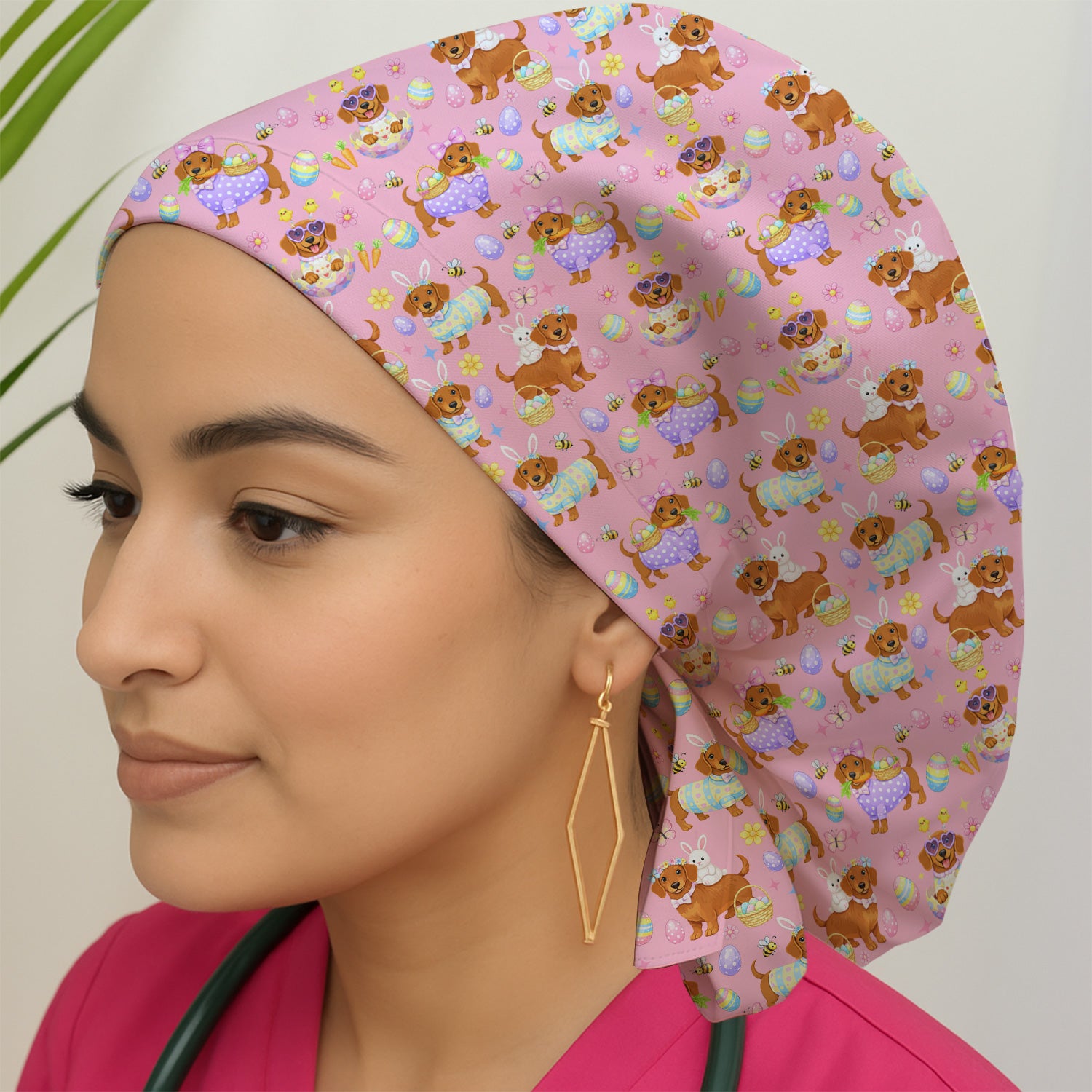 Cute Easter Dachshund Dog Pattern  Print Cap, Bouffant Scrub Caps for Women