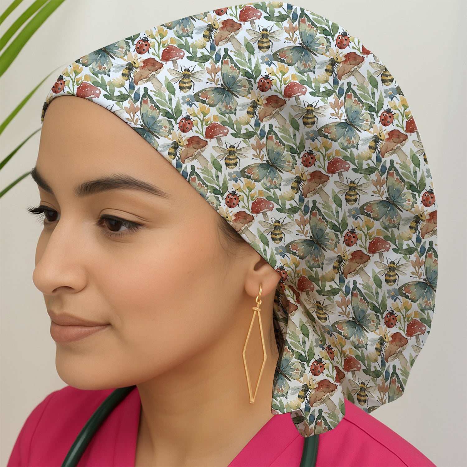 Butterfly Bee With Floral Mushroom Scrub Cap, Surgical Caps for Doctors