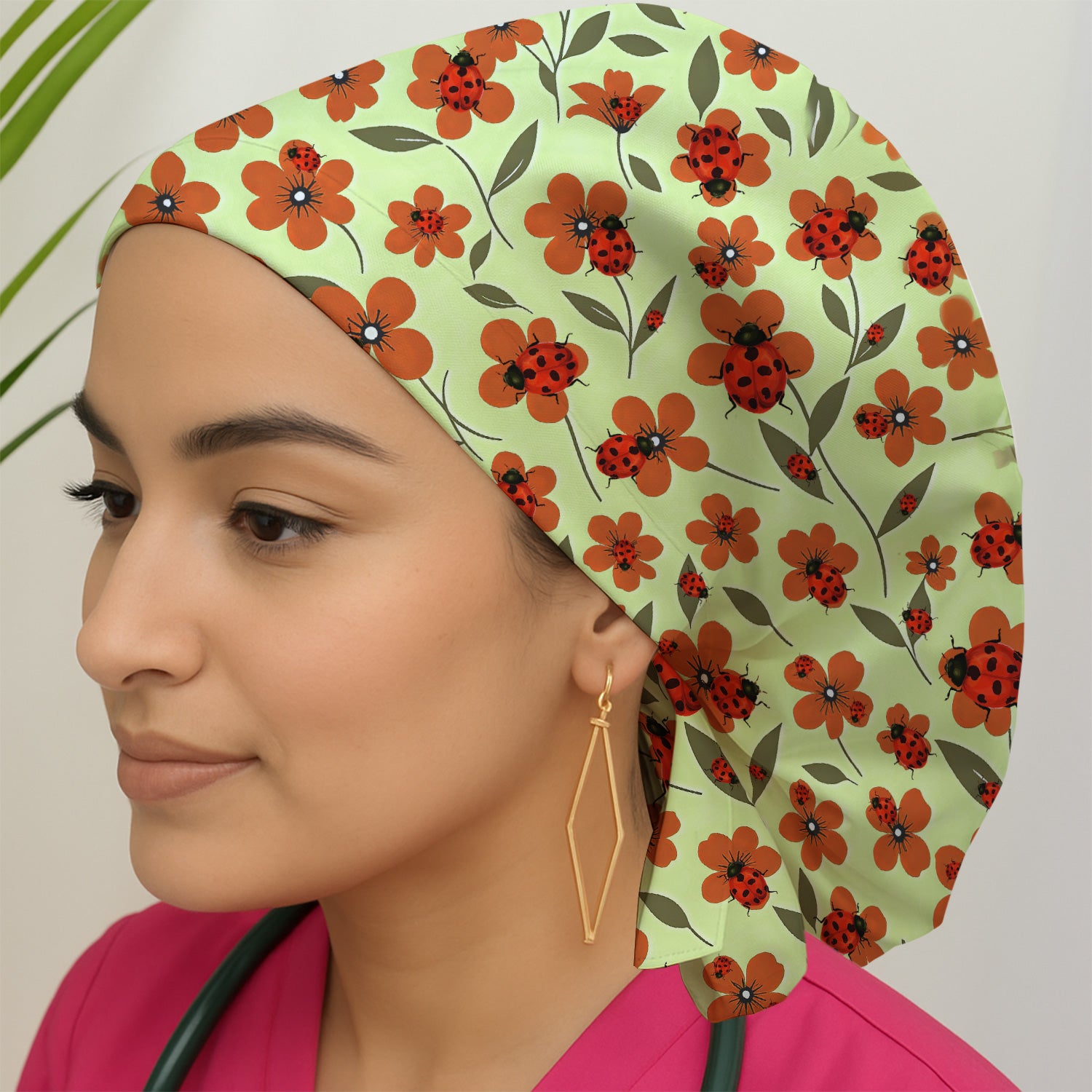 Ladybug on Orange Floral Garden Pattern Scrub Cap, Surgical Caps for Doctors