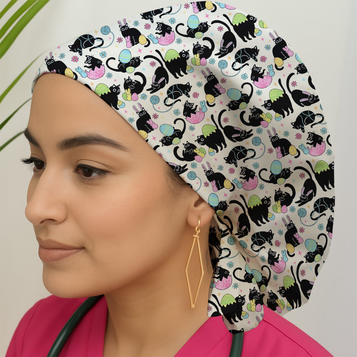 Funny Easter Black Cat Egg Pattern Print Cap, Bouffant Scrub Caps for Women