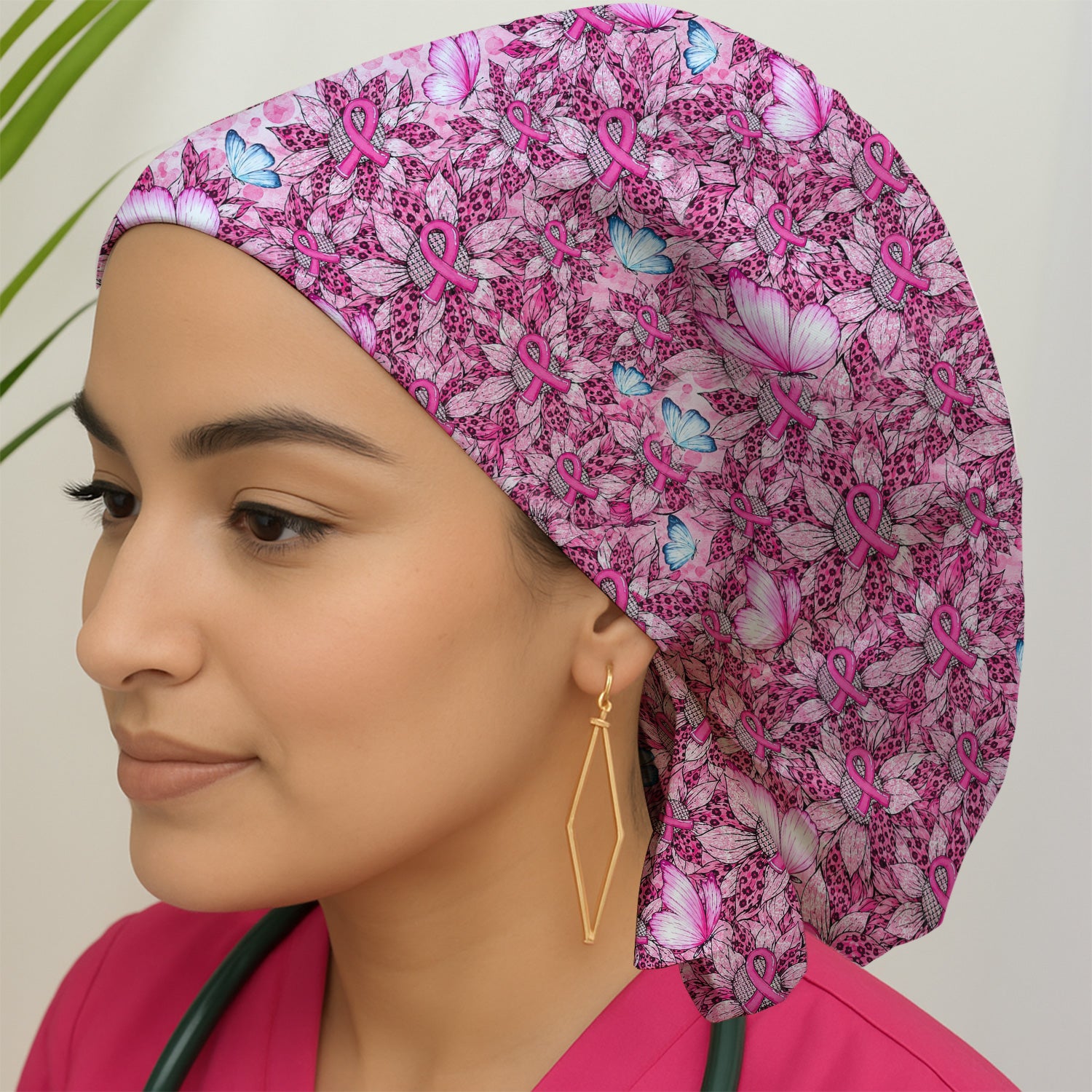 Pink Ribbon Butterfly Breast Cancer Scrub Cap, Surgical Caps for Doctors