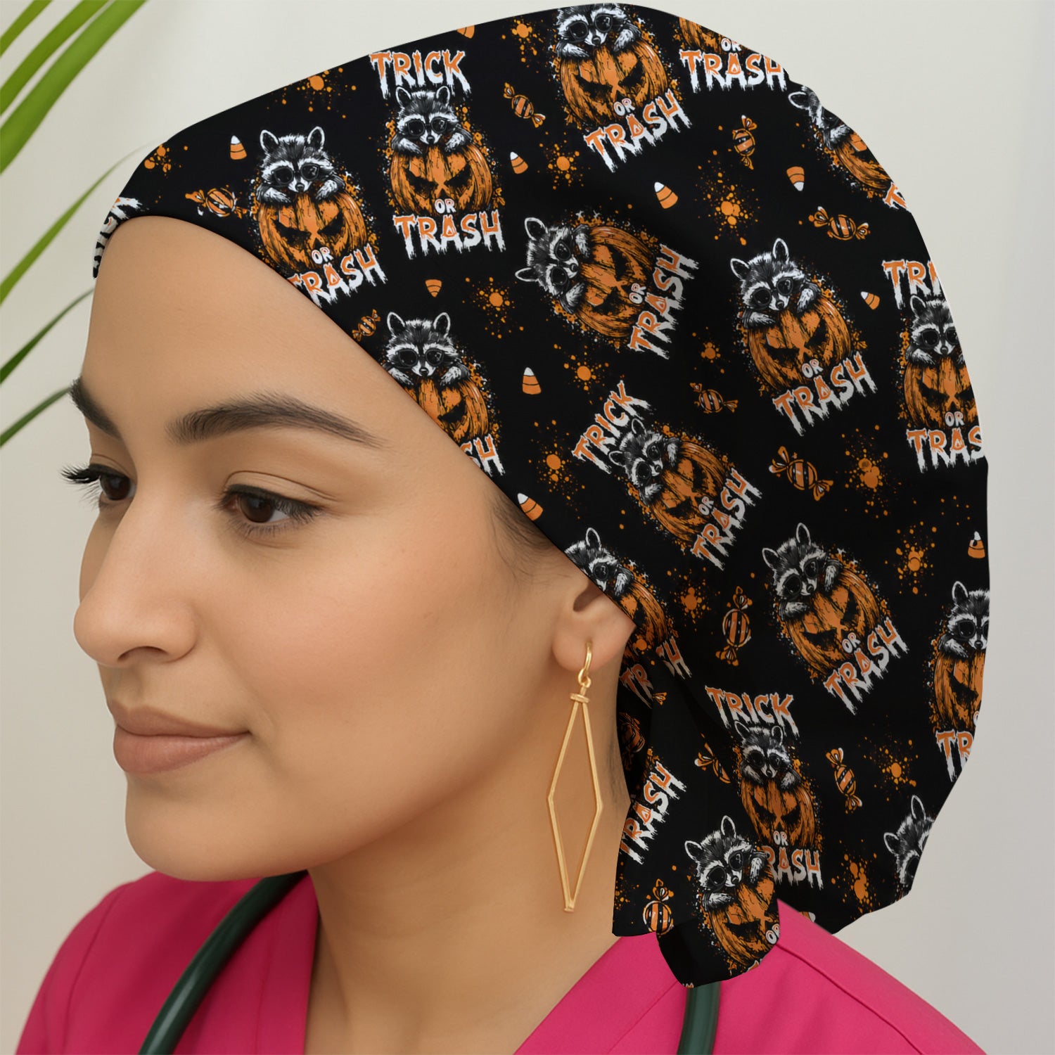 Funny Halloween Trick Or Trash Raccoon Scrub Cap, Surgical Caps for Doctors