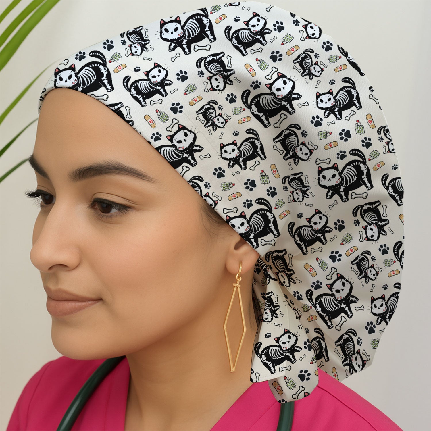 Skeleton Cat Medical Pattern Scrub Cap, Surgical Caps for Doctors