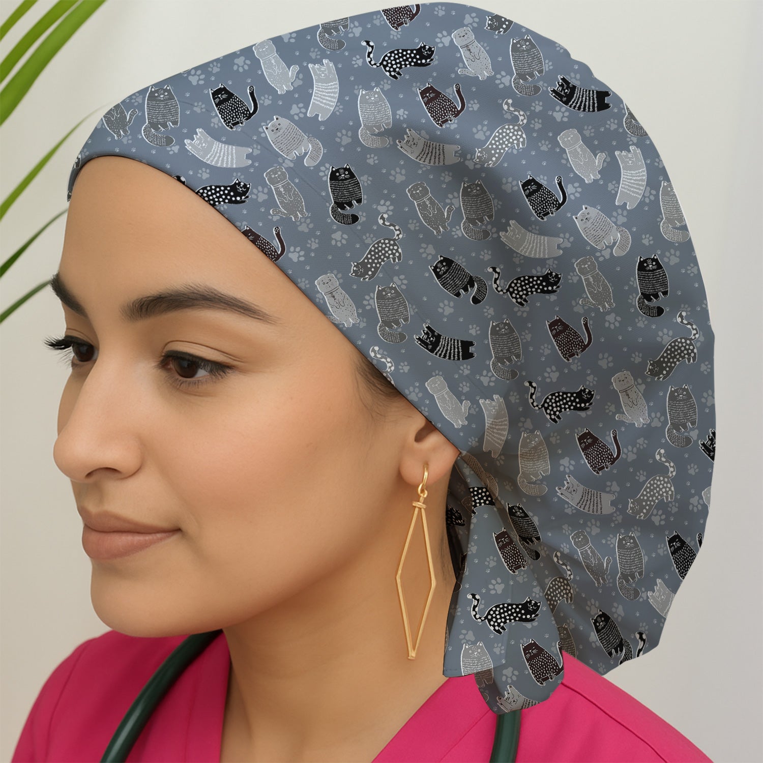 Cute Cat and Paw Print Pattern Scrub Cap, Surgical Caps for Doctors