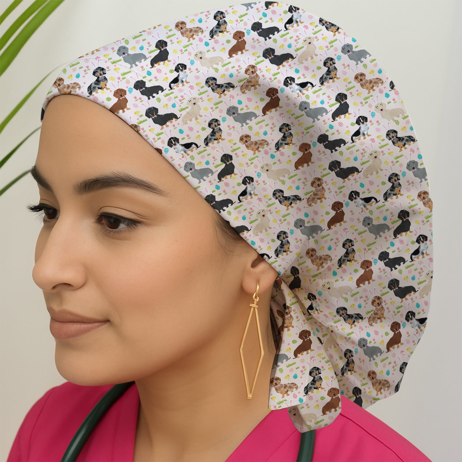 Easter Dachshund Dog Pattern Print Cap, Bouffant Scrub Caps for Women