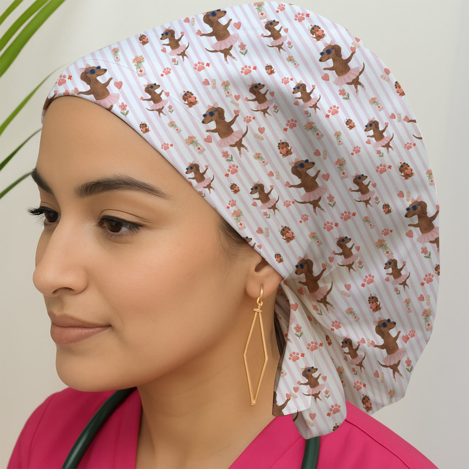Cute Dachshund Dog Ballet Tutu Hearts Pattern Scrub Cap, Bouffant Scrub Caps for Women