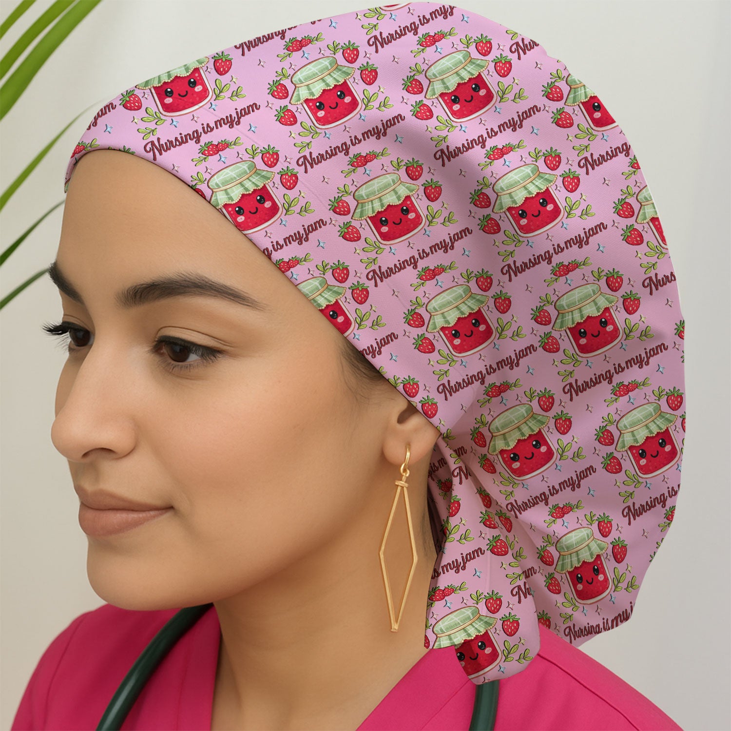 Cute Strawberry Jam Nurse Pattern Cap, Breathable Fabrics Caps Uniform