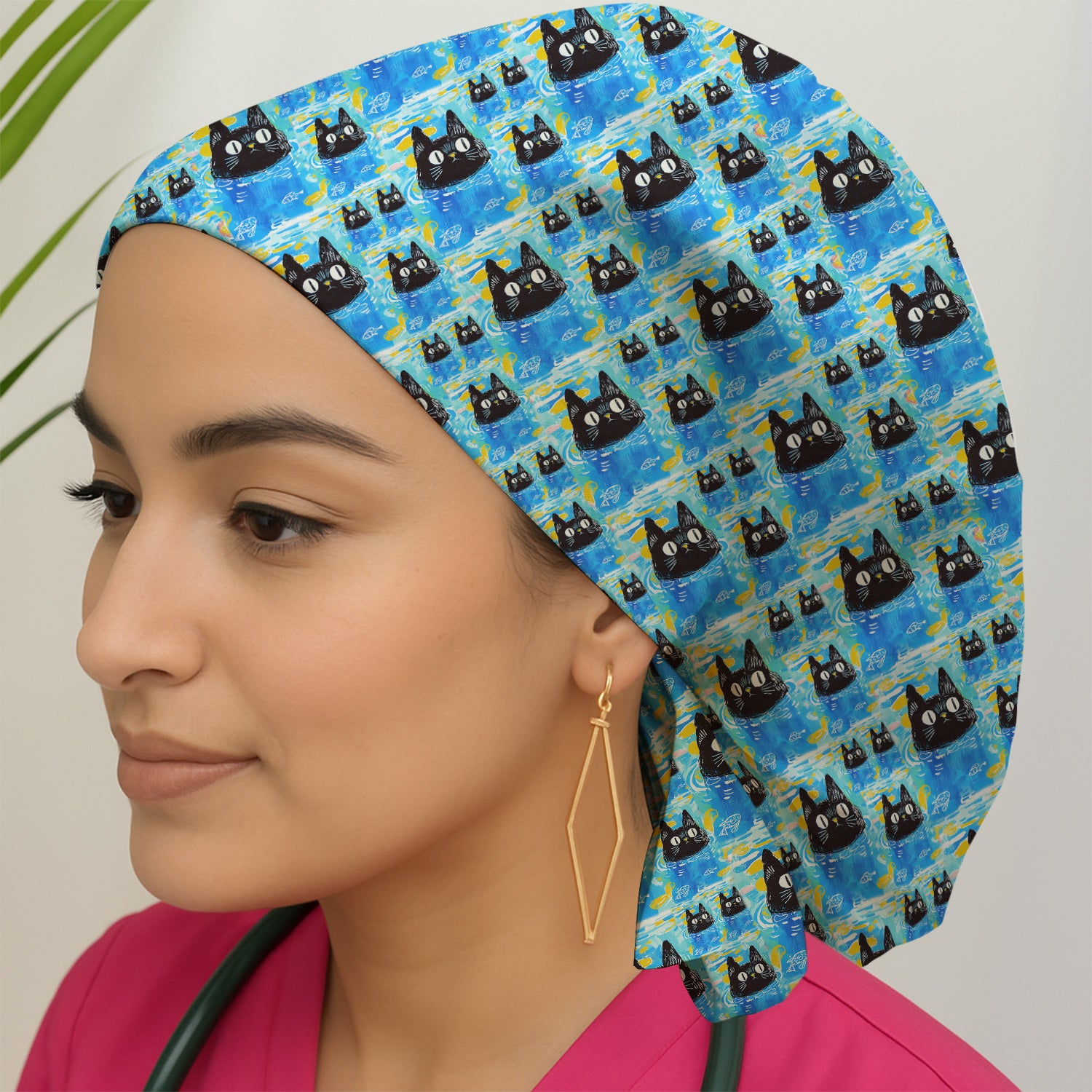Black Cat Swimming In Blue Water Pattern Scrub Cap, Surgical Caps for Doctors