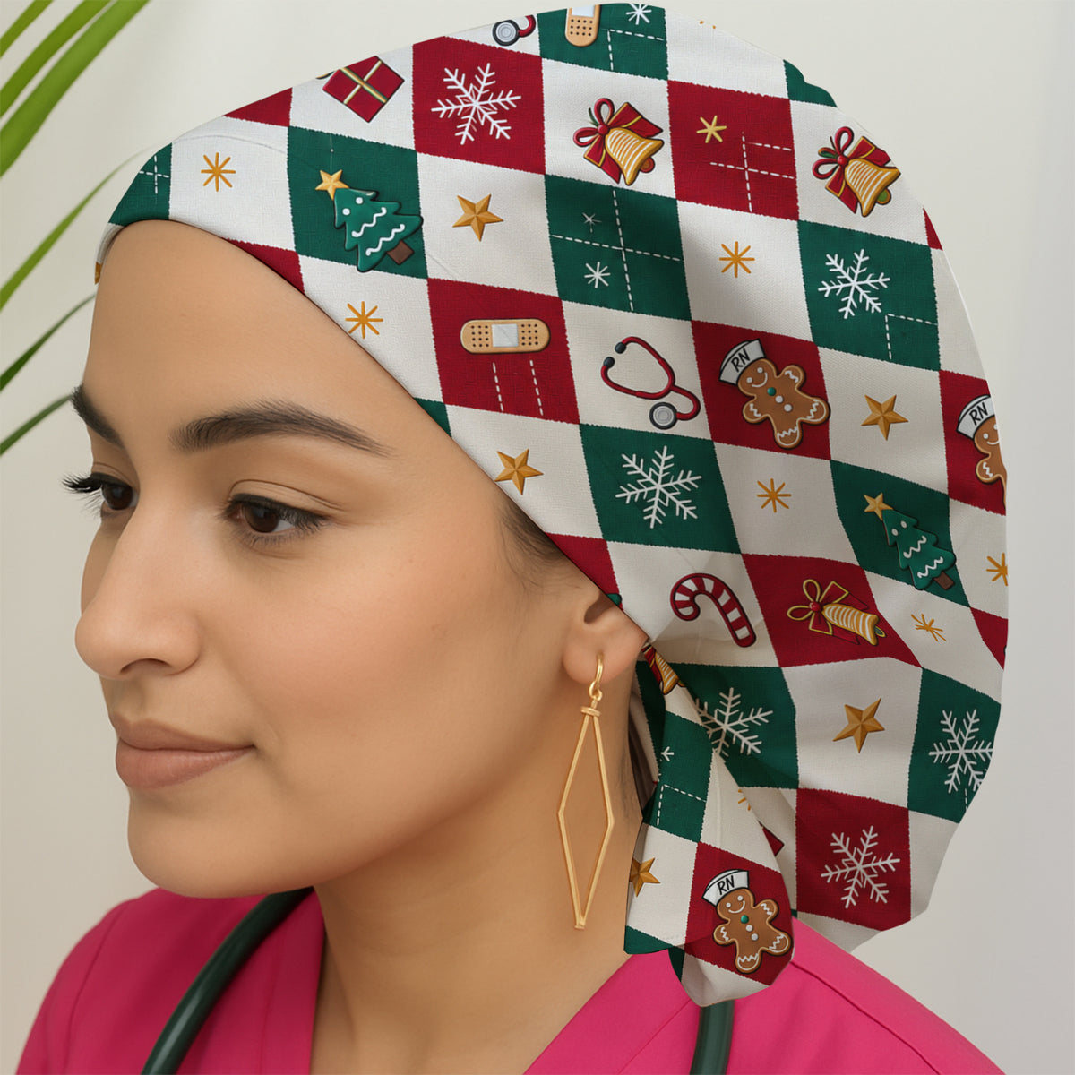 Christmas Gingerbread Nurse Argyle Scrub Cap, Surgical Caps for Doctors