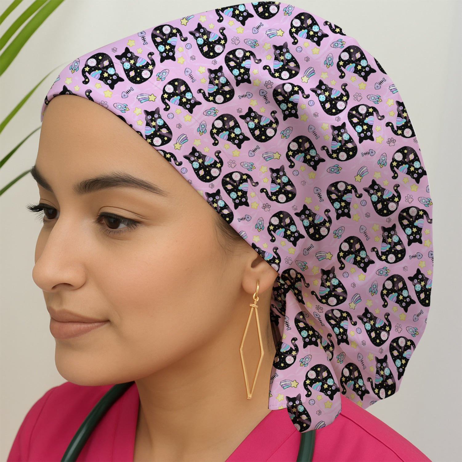 Galaxy Black Cat Space Pattern Scrub Cap, Surgical Caps for Doctors