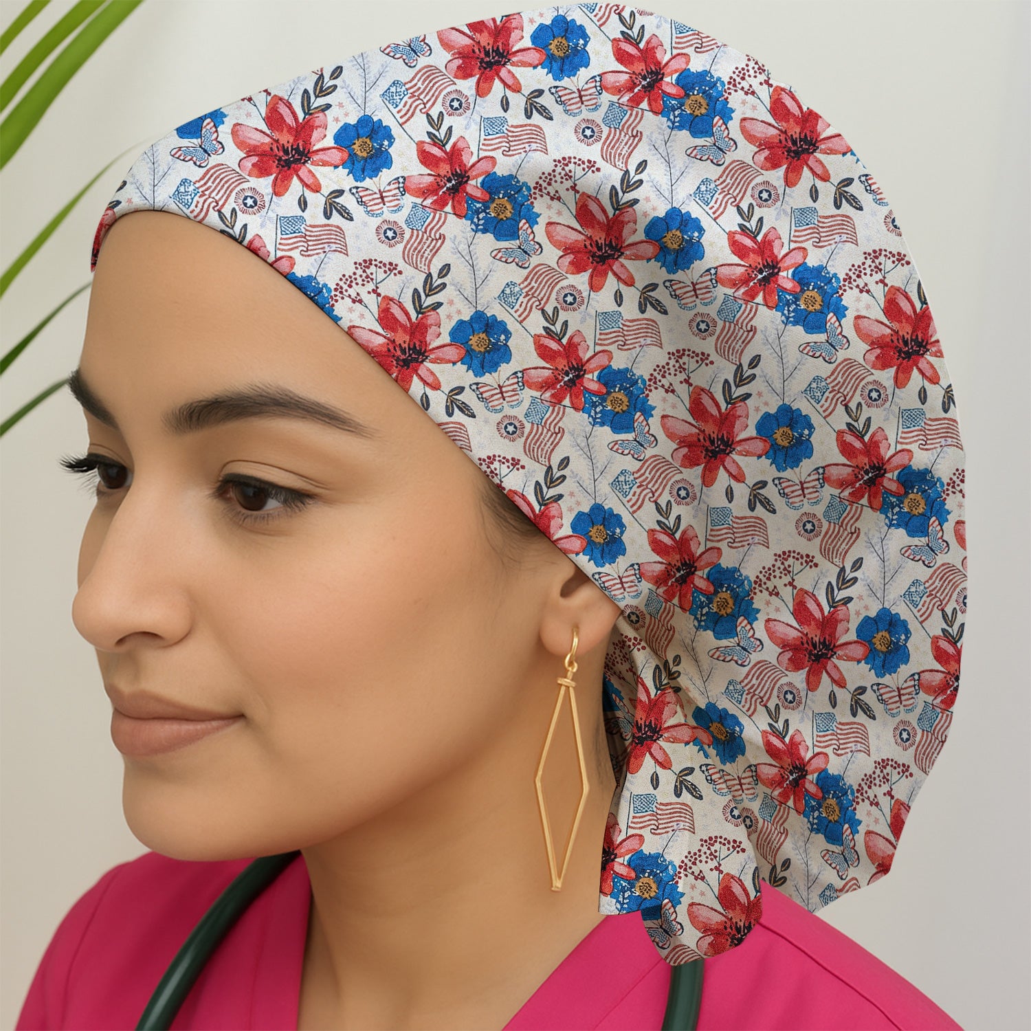 Patriotic Floral Flag Butterfly Pattern Scrub Cap, Surgical Caps for Doctors