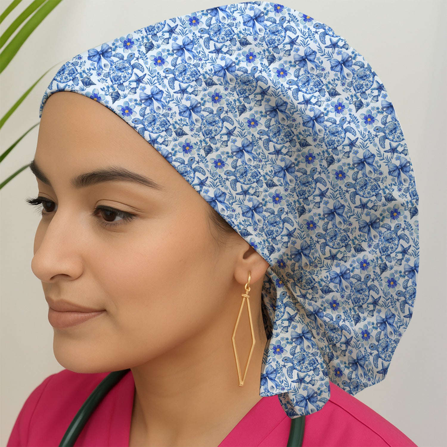 Cute Coastal Turtle Bow Pattern Scrub Cap, Surgical Caps for Doctors