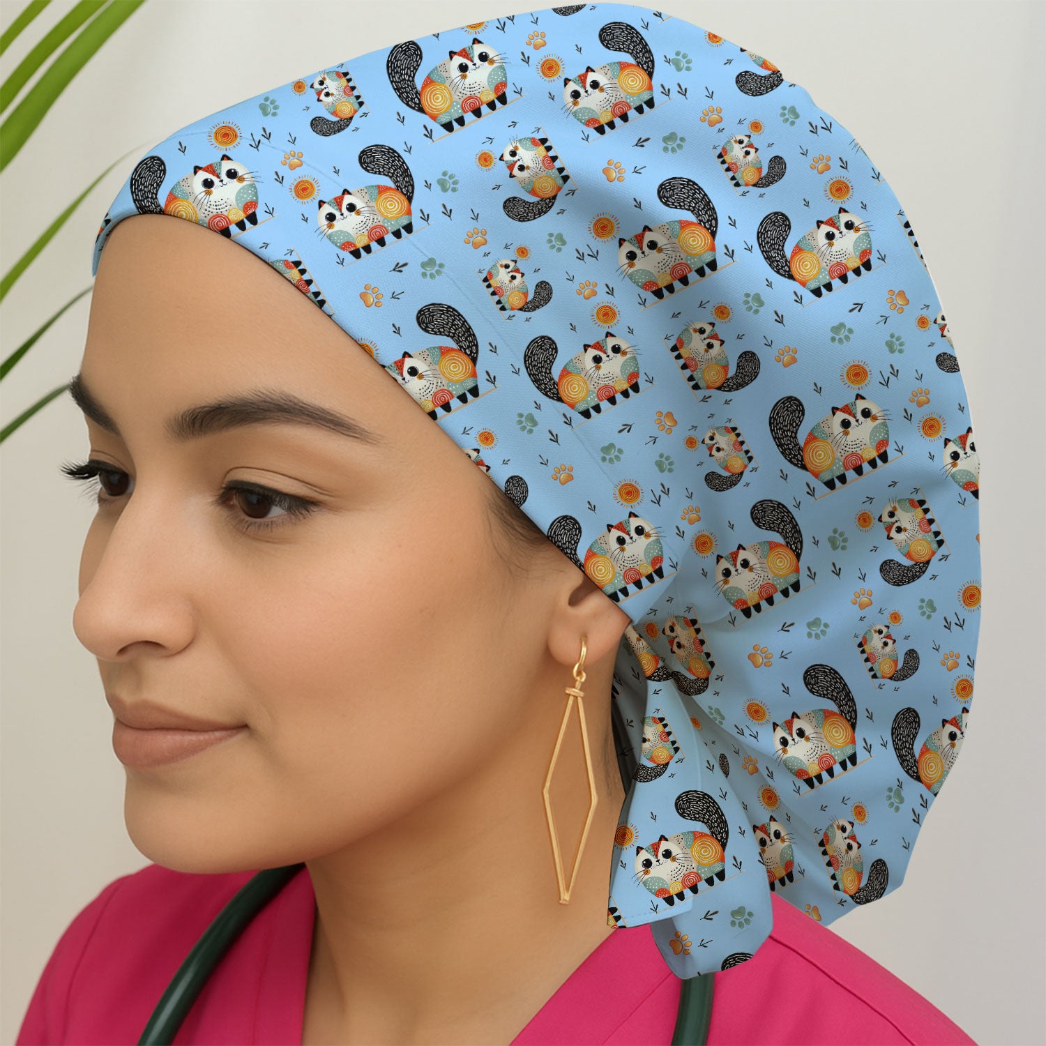 Playful Cat Illustration Scrub Cap, Bouffant Scrub Caps for Women
