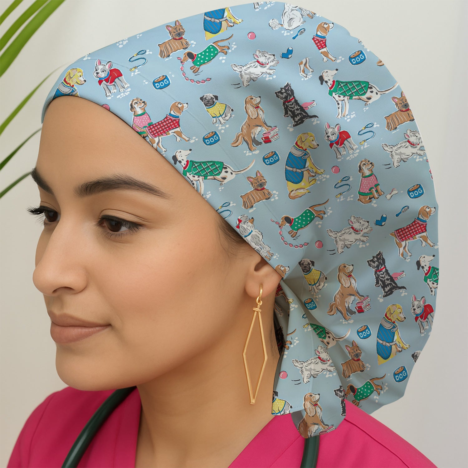 Cute Dog Wearing Sweater Playing Ball Pattern Scrub Cap, Bouffant Scrub Caps for Women