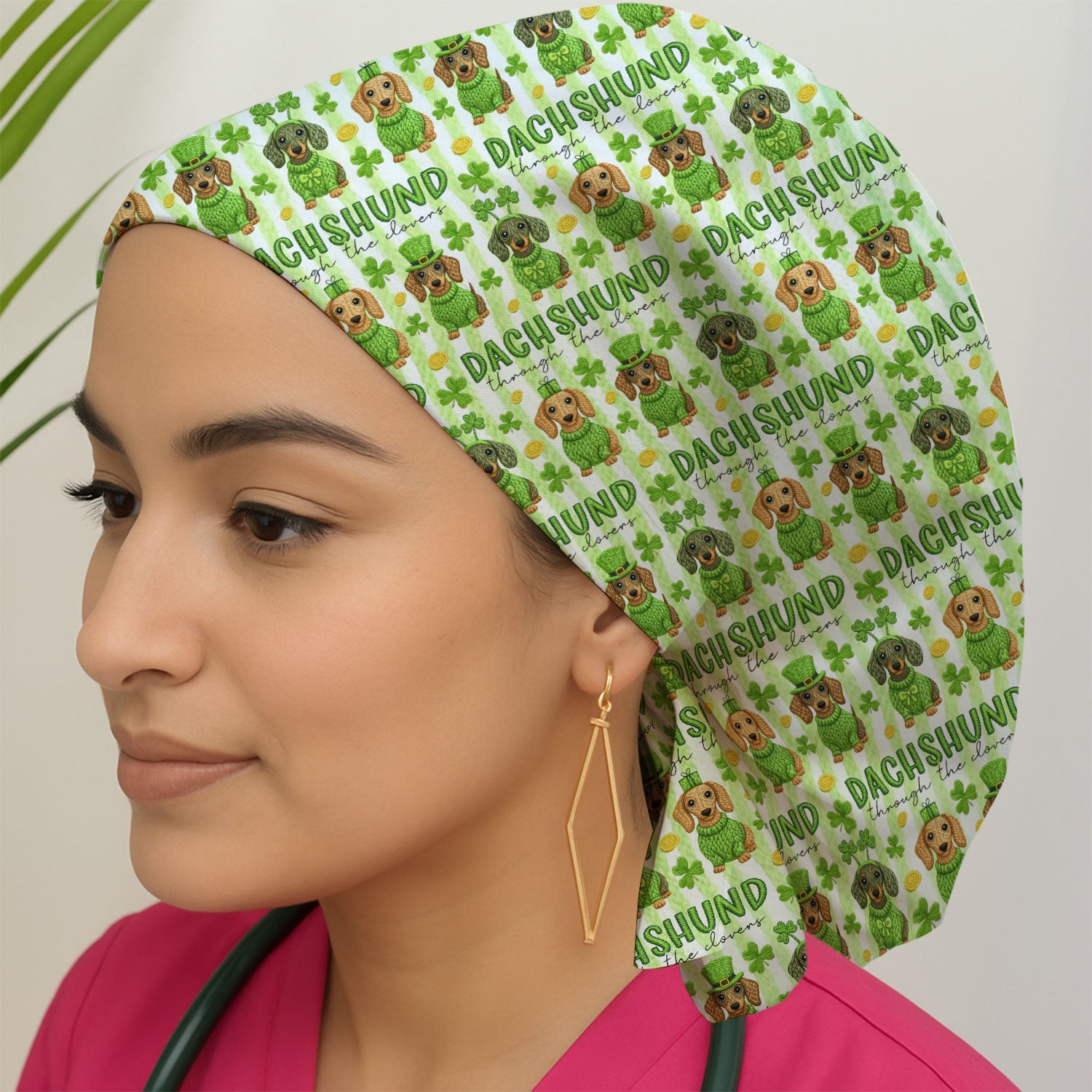 Wiener Dog St. Patrick’s Day Scrub Cap, Shamrock Dachshund Pattern Nurse Hat, Breathable Fabrics Nursing Uniform