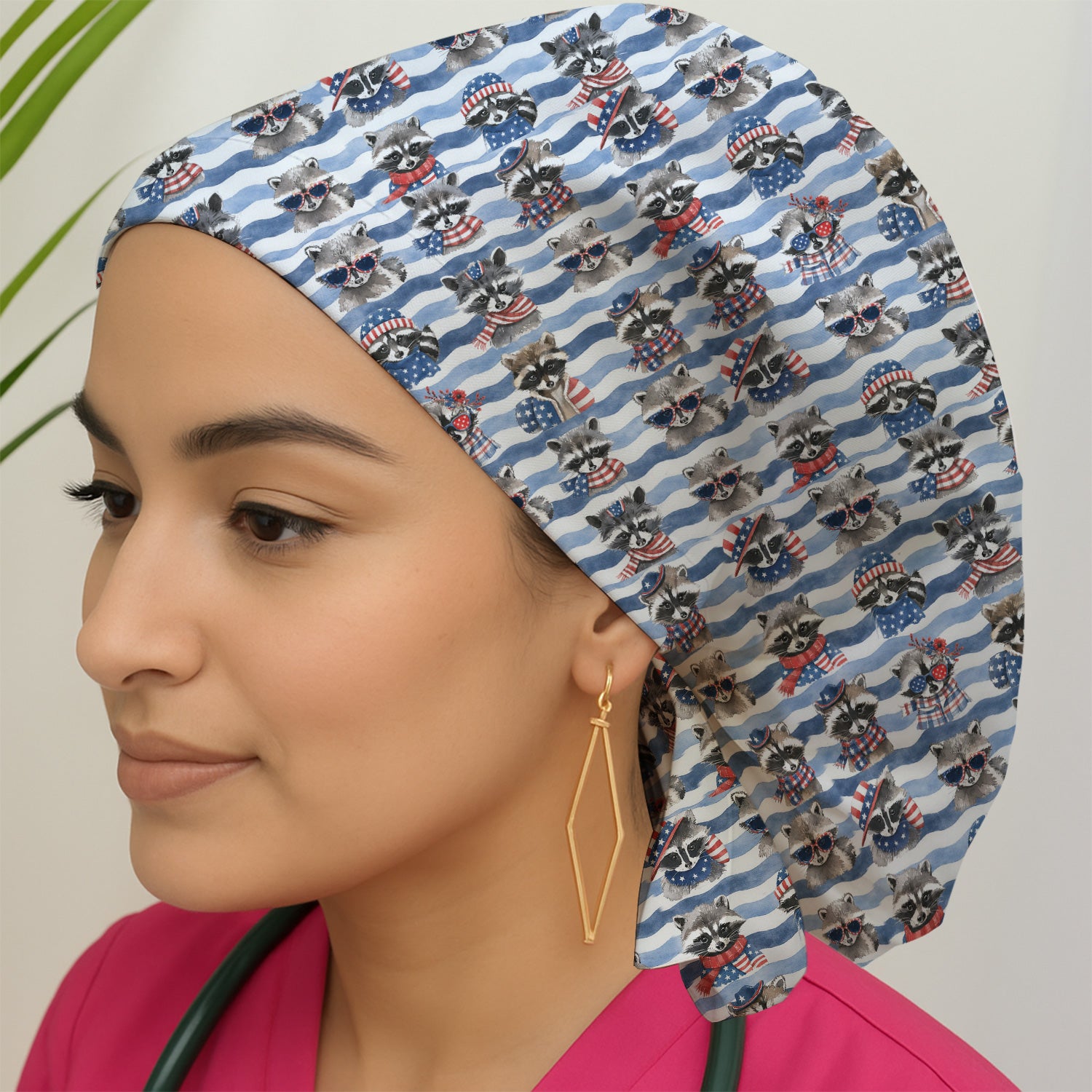 Patriotic Raccoon Watercolor Stripe Pattern Scrub Cap, Surgical Caps for Doctors