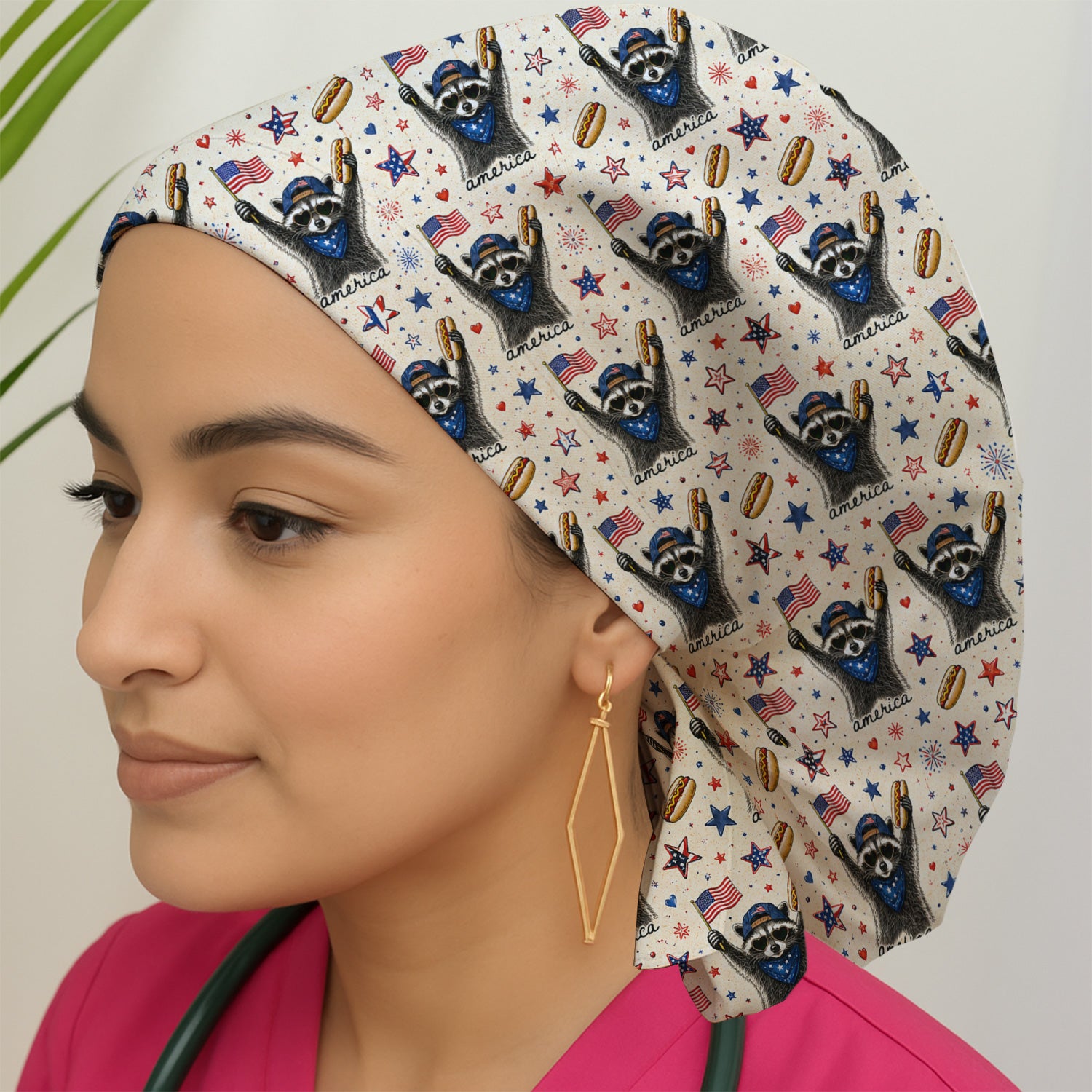 Patriotic Raccoon America Hotdog Pattern Scrub Cap, Surgical Caps for Doctors