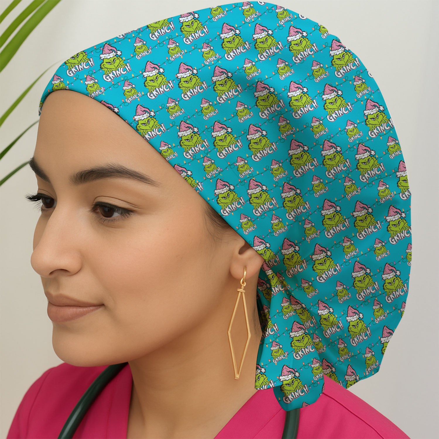Grinch with Santa Hat Christmas Nurse Scrub Cap - Funny Holiday Surgical Hat Multi Color - Xmas Bouffant Cap for Women