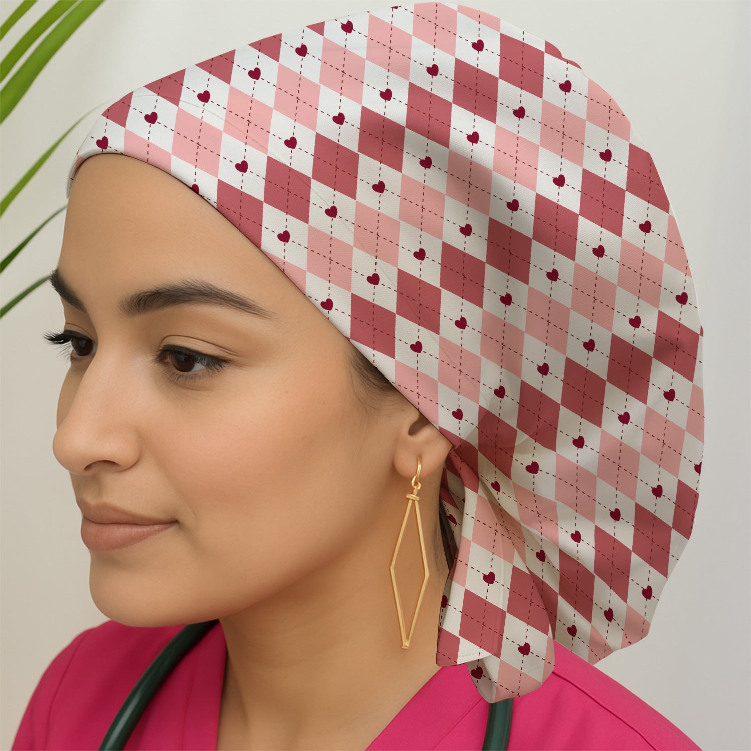 Red Argyle Plaid Pattern Caps, Bouffant Scrub Caps for Women