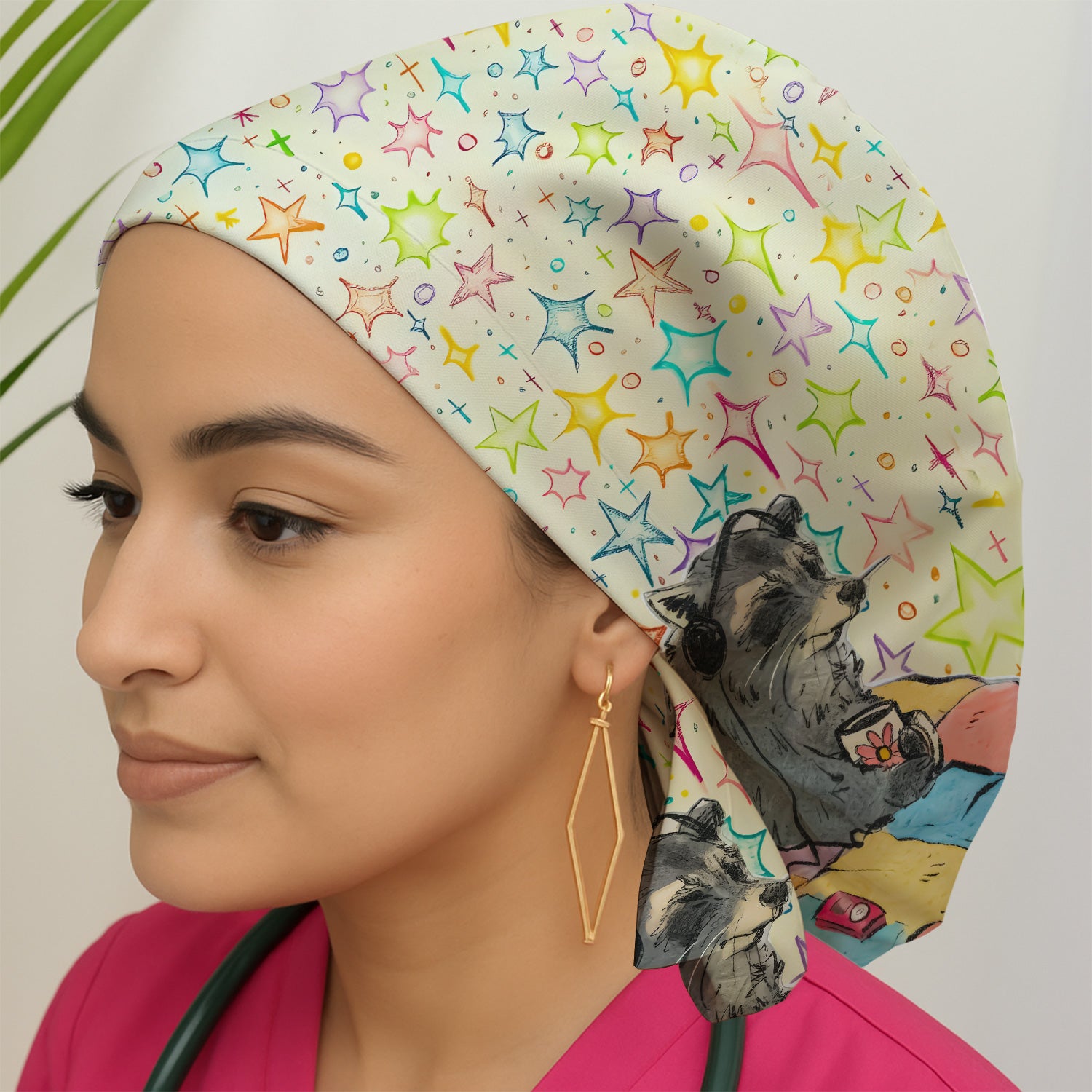 Chill Raccoon Starry Music Pattern Scrub Cap, Surgical Caps for Doctors