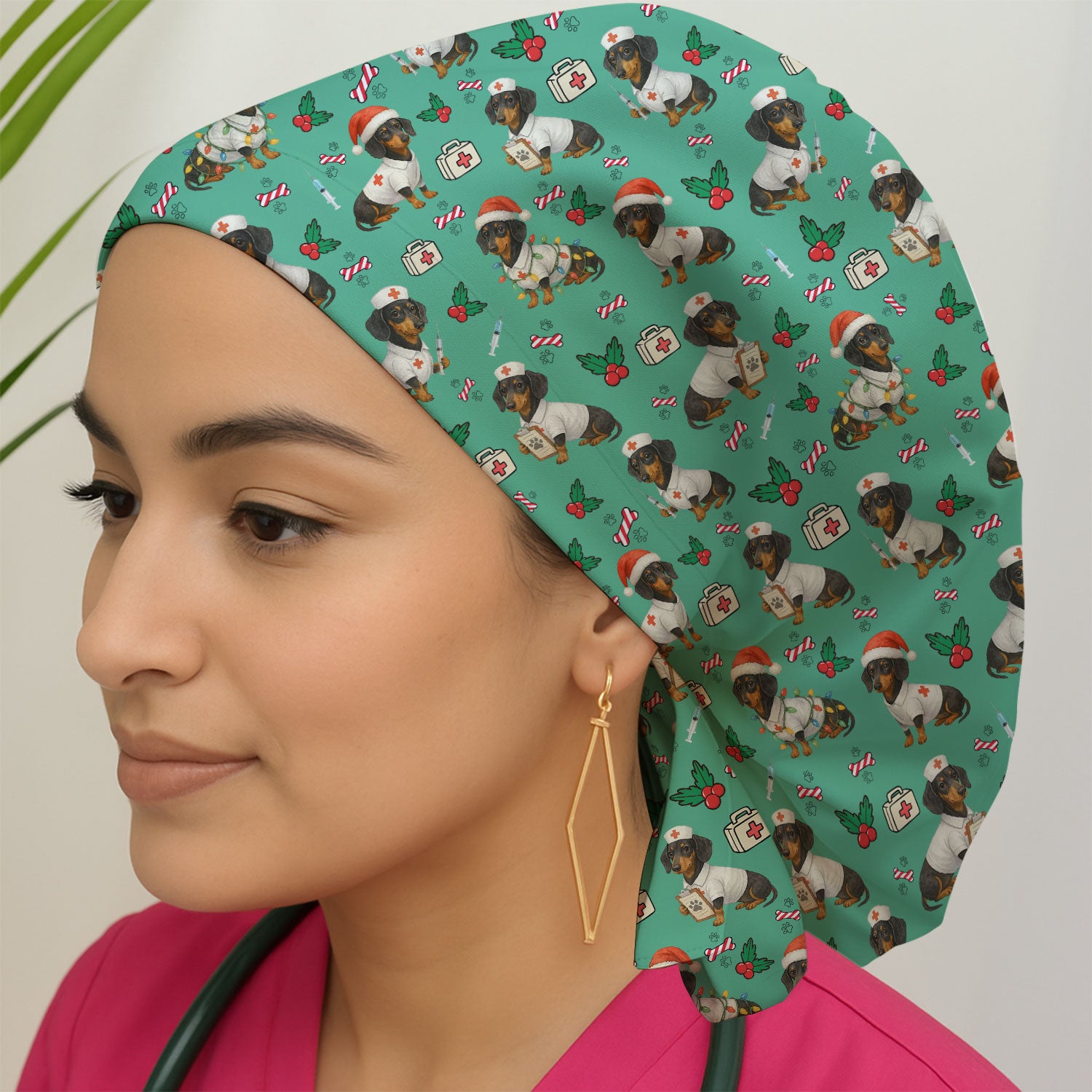 Custom Christmas Nurse Scrub Cap - Dachshund Dog Surgical Hat Multi Color - Funny Holiday Bouffant Cap for Women Nurses