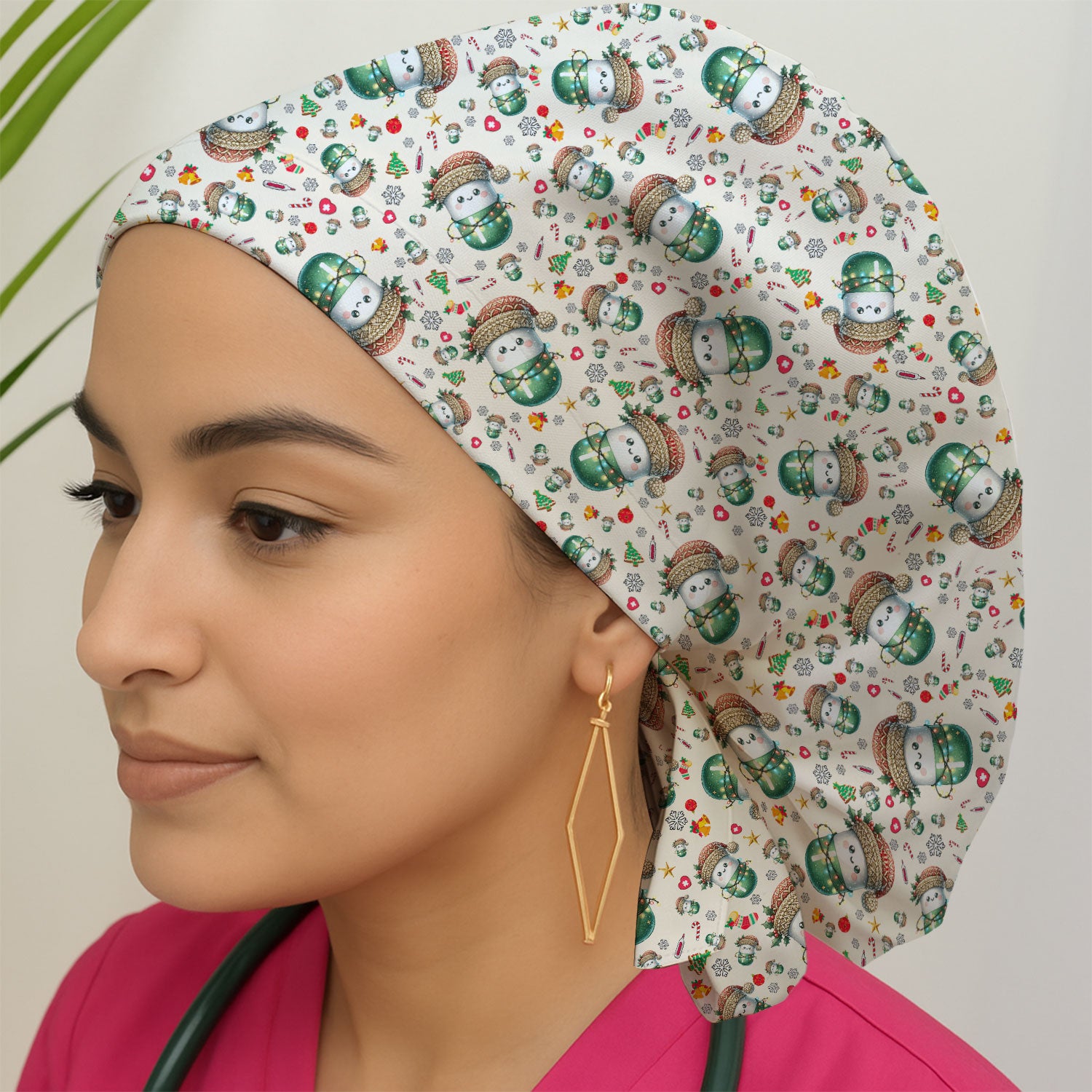 Pharmacy Tech Christmas Scrub Cap – Cute Green Snowman Print Nurse Outfit – Funny Holiday Medical Uniform for Pharmacists