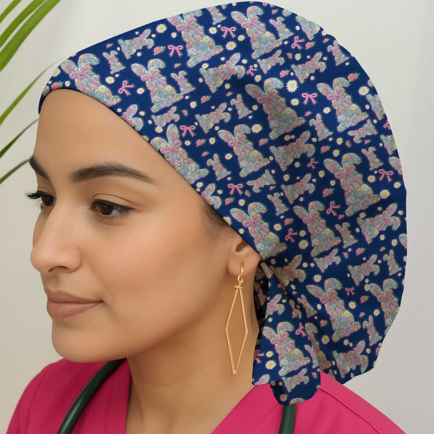 Colorful Floral Bunny with Pink Bow Pattern Scrub Cap, Breathable Fabrics Caps Uniform