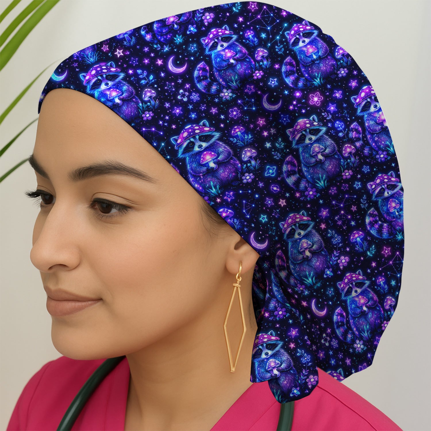 Neon Mushroom Raccoon Nurse Pattern Scrub Cap, Surgical Caps for Doctors