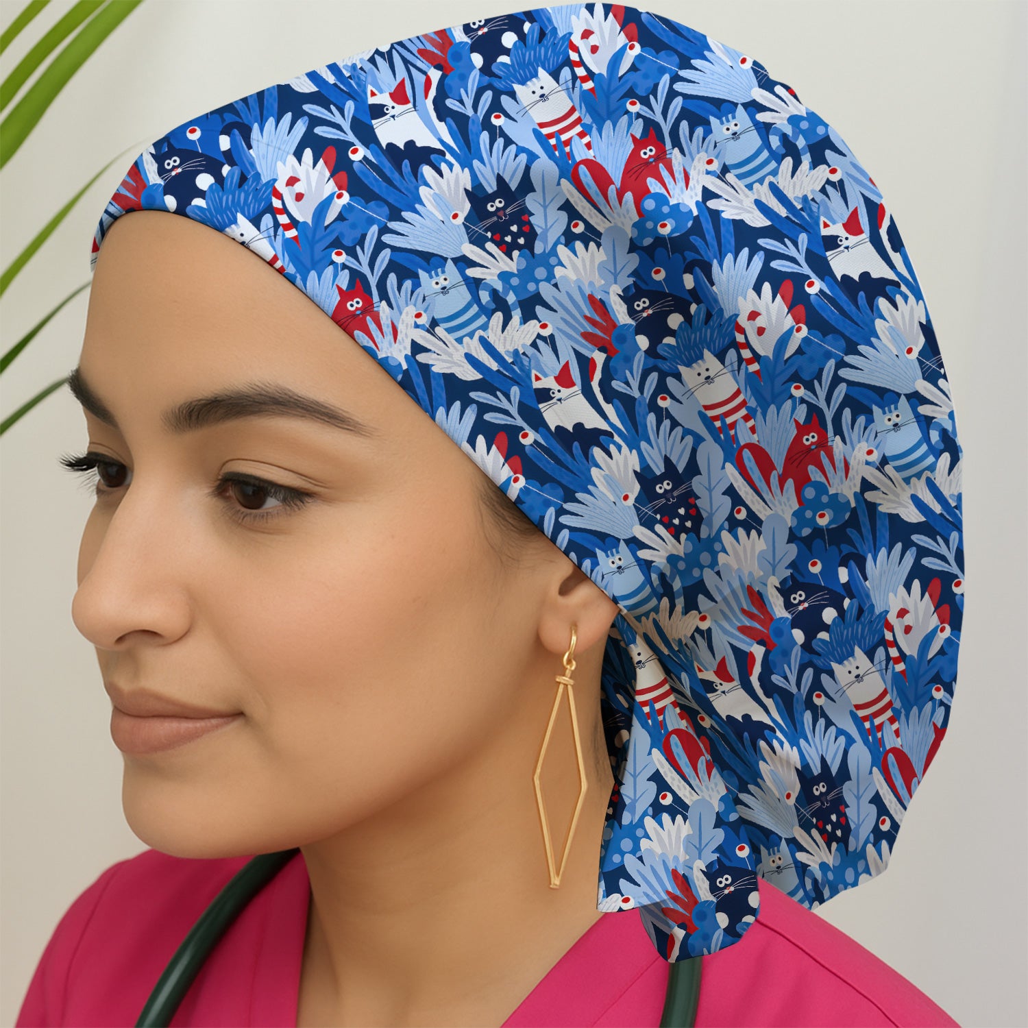 Cute Cats Among Blue Foliage Pattern Scrub Cap, Surgical Caps for Doctors