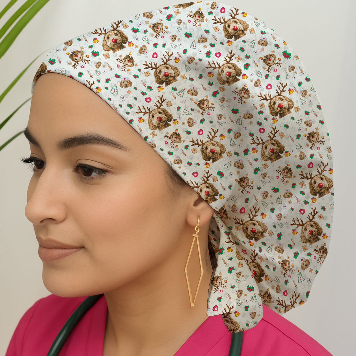 Christmas Labradoodle Bouffant Scrub Caps for Women - Funny Reindeer Dog Cap
