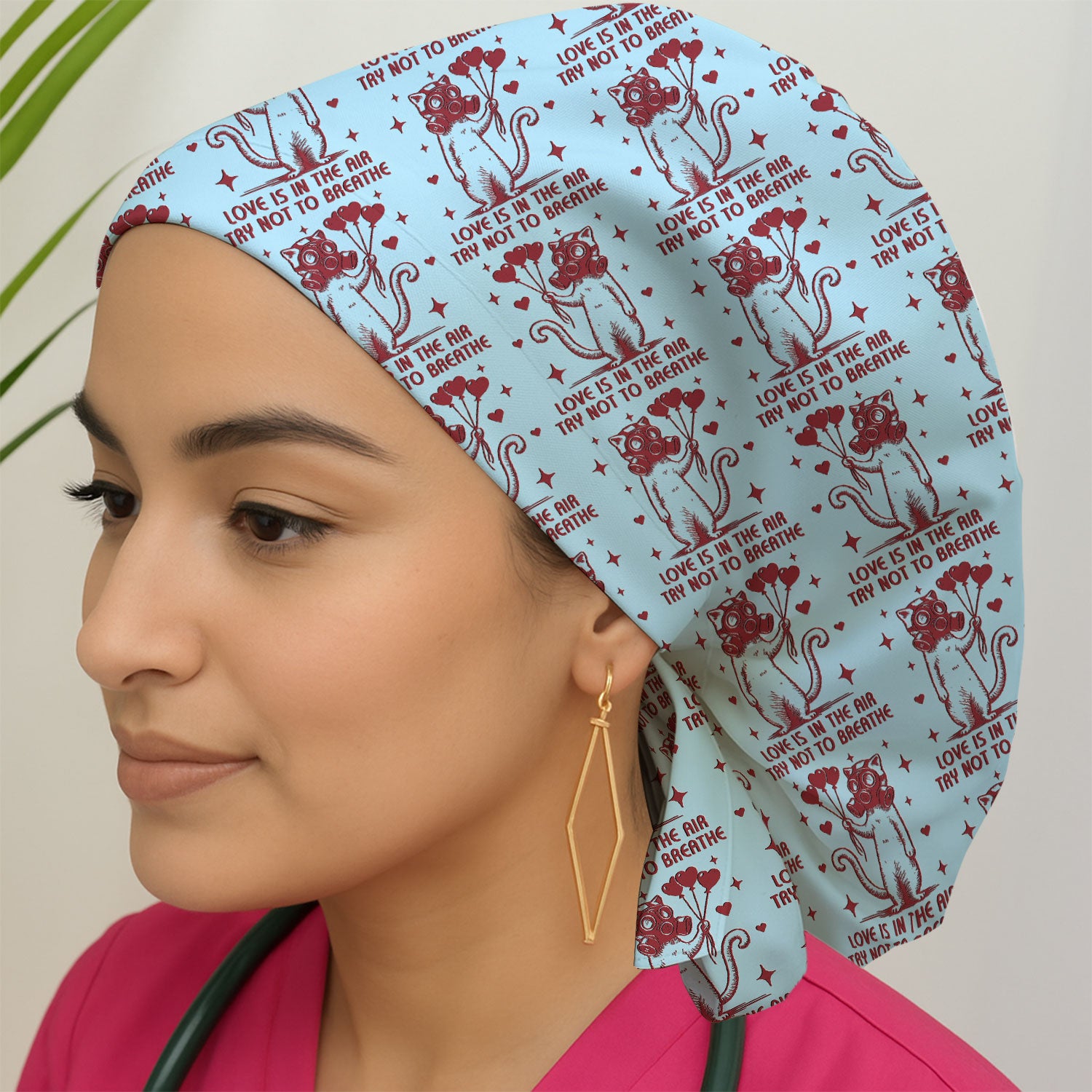 Gas Mask Cat Heart Balloon Valentine Print Scrub Cap, Surgical Caps for Doctors