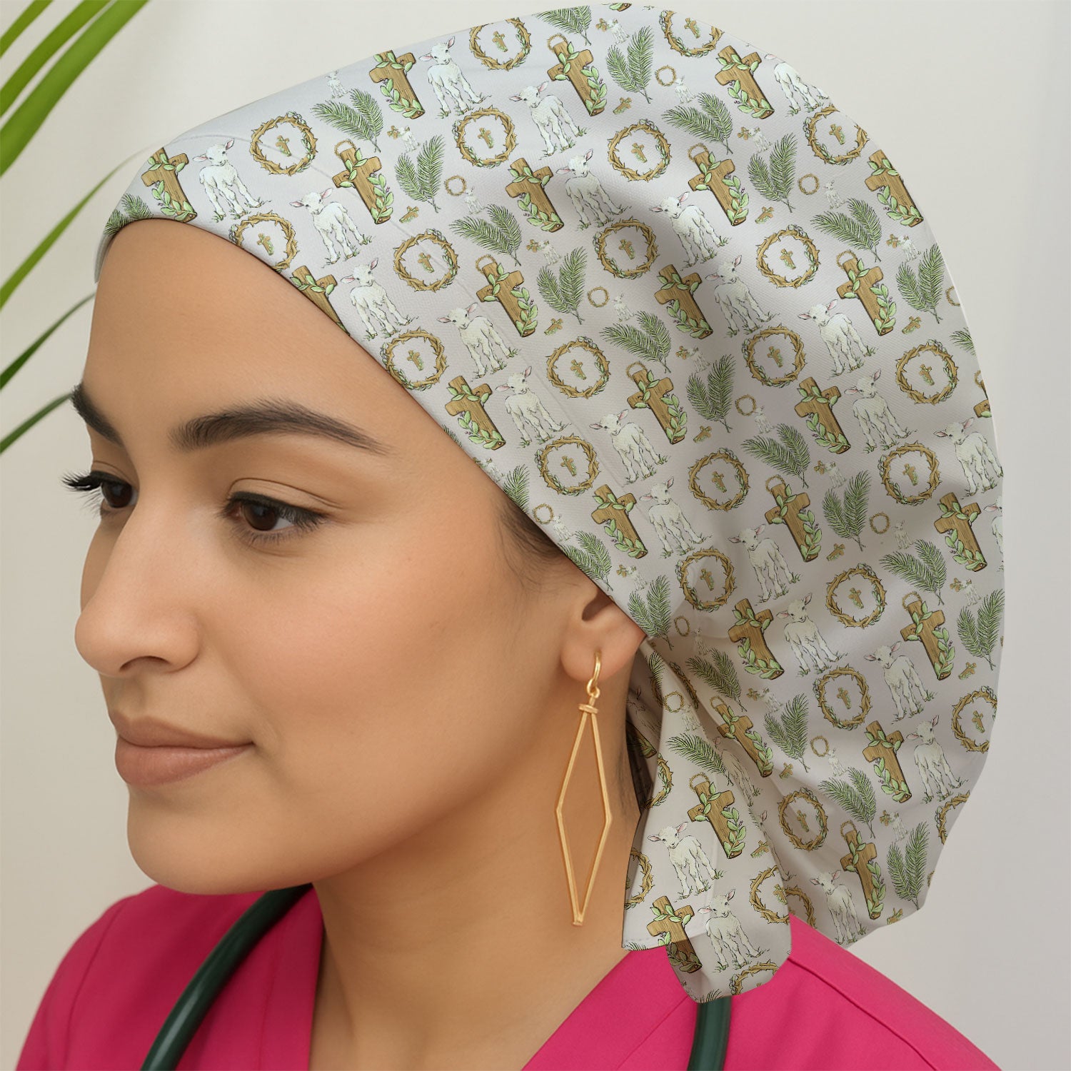 Faith Lamb Cross Pattern Scrub Cap, Bouffant Scrub Caps for Women