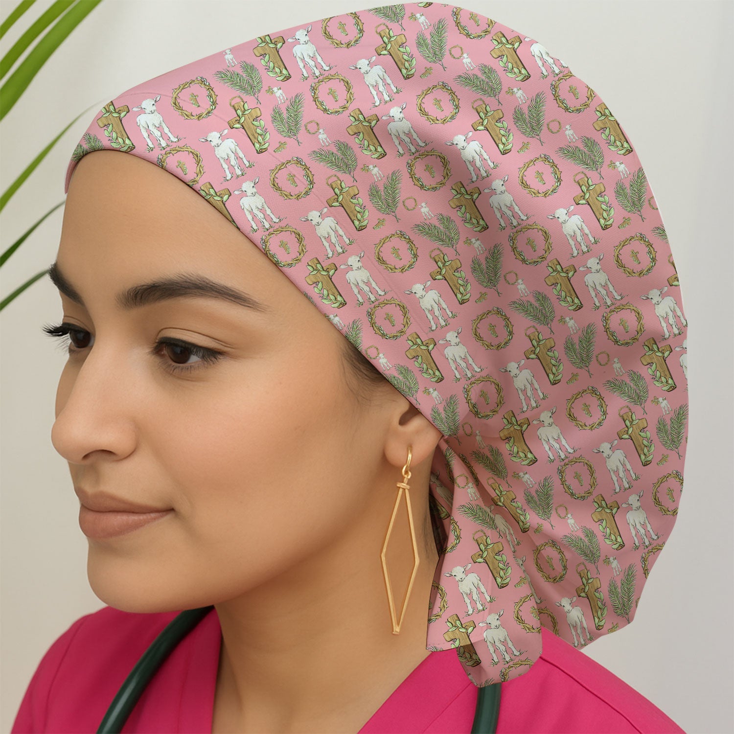 Faith Lamb Cross Pattern Scrub Cap, Bouffant Scrub Caps for Women