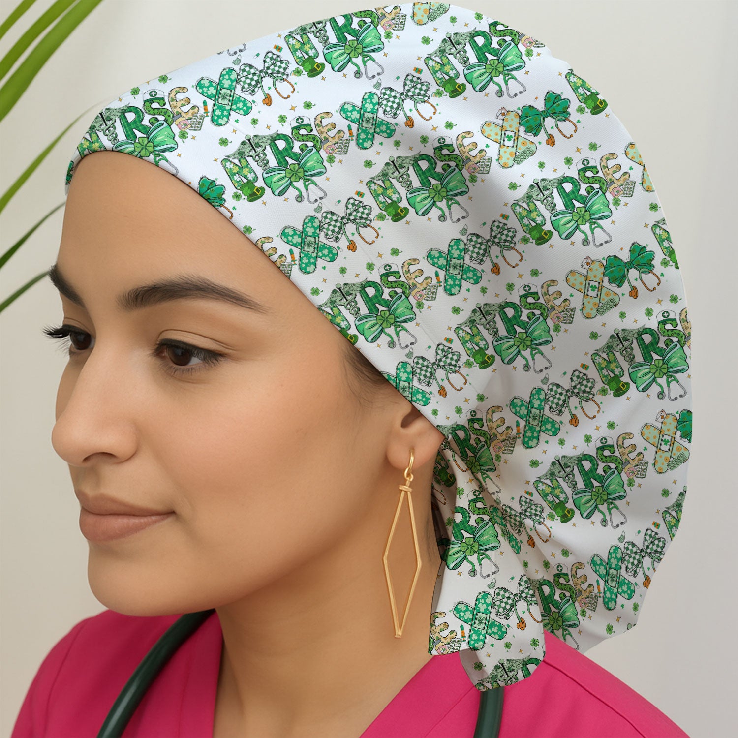 St. Patrick’s Nurse Scrub Cap, Lucky Clover And Green Bow Pattern Nurse Hat, Breathable Fabrics Nursing Uniform