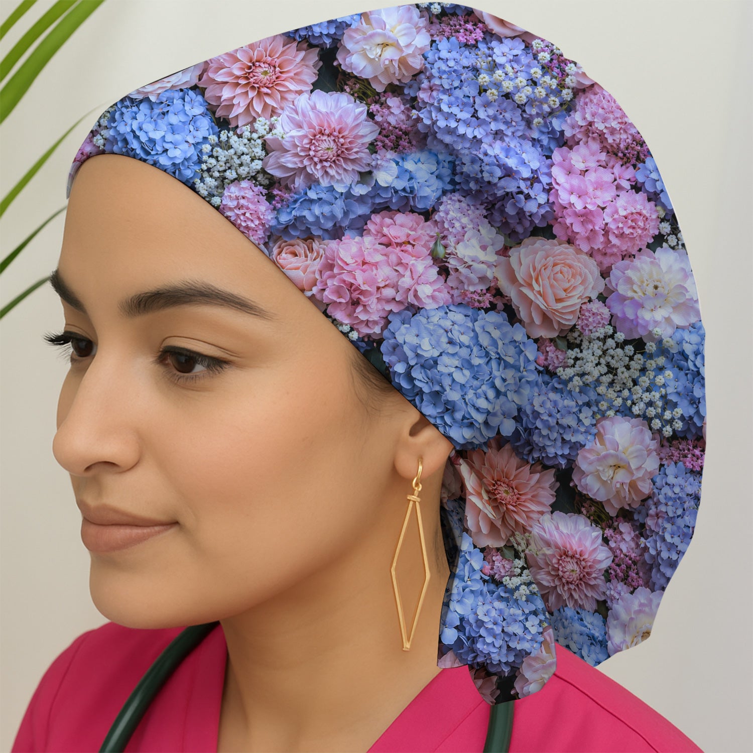 Cute Pastel Hydrangea Rose Blossom Pattern Scrub Cap, Surgical Caps for Doctors