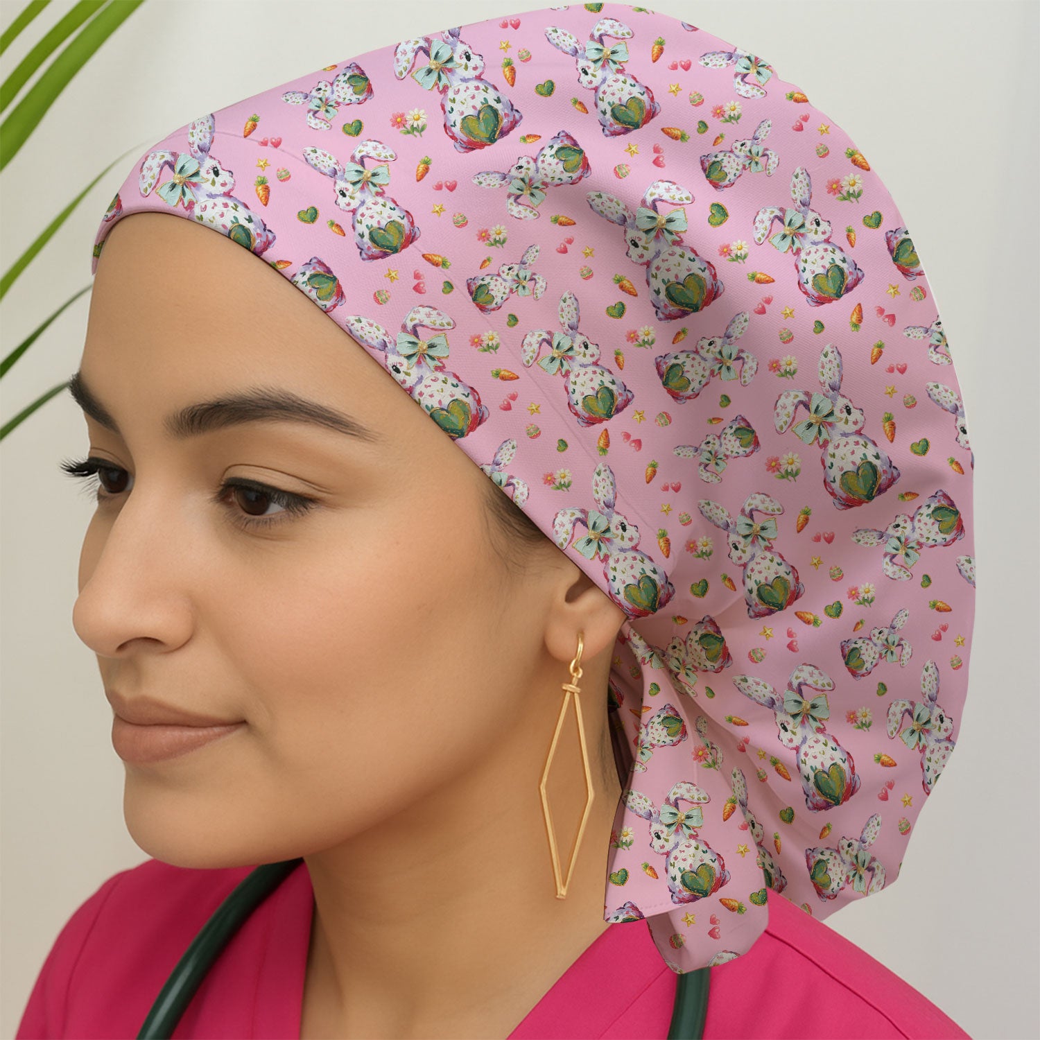Cute Pastel Bunny Easter Pattern Cap, Bouffant Scrub Caps for Women