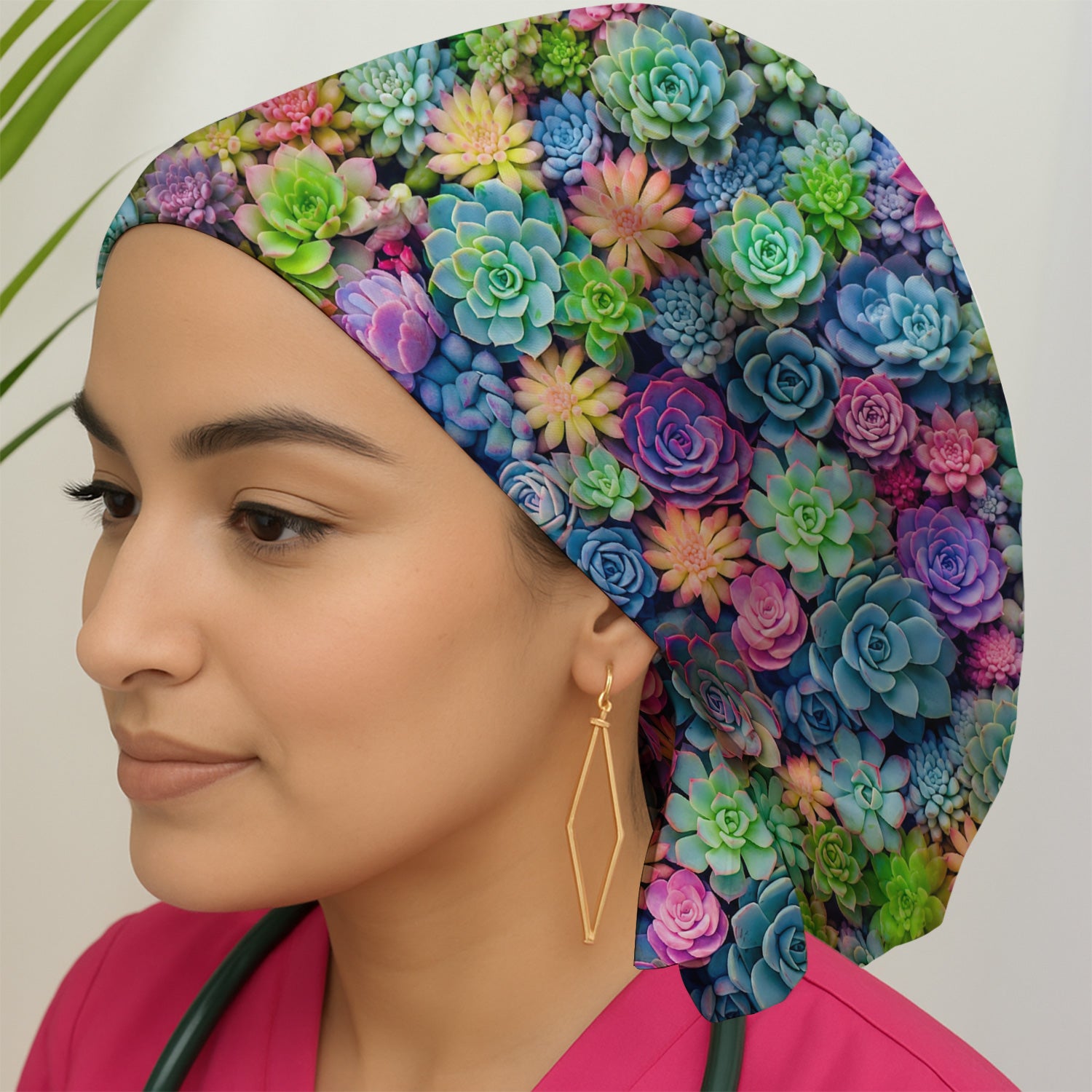 Cute Nurse Scrub Top Boho Succulent Flower Pattern Scrub Cap, Surgical Caps for Doctors