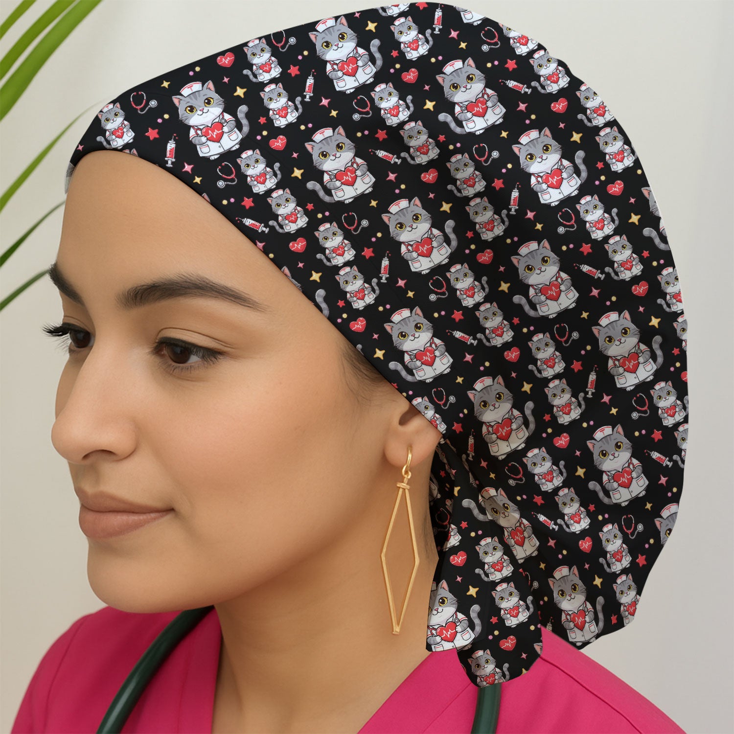 Cute Nurse Cat Heart Medical Print Cap,  Bouffant Scrub Caps for Women