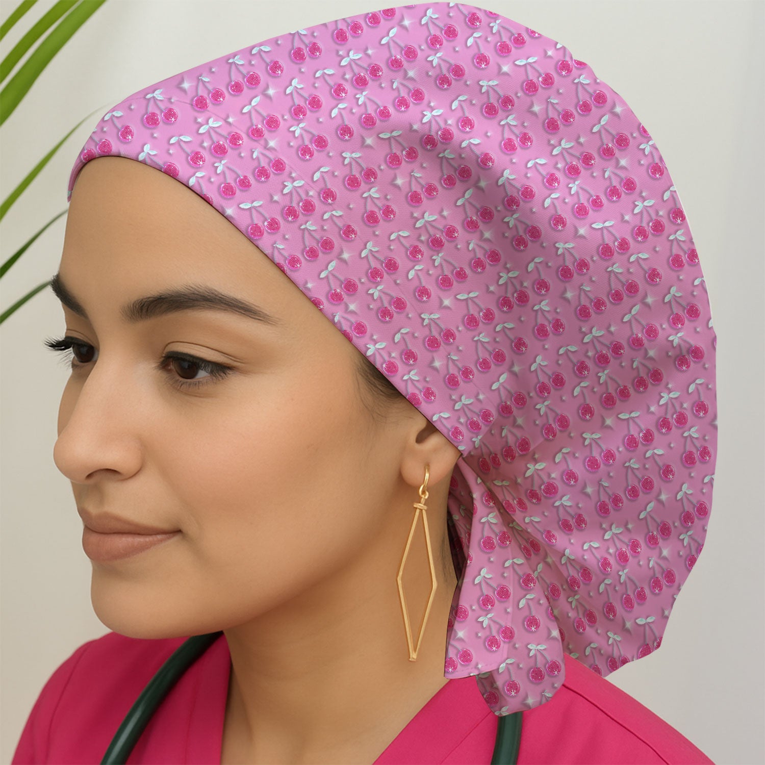 Pink Cherry Sparkle Print Cap, Breathable Fabrics Caps Uniform