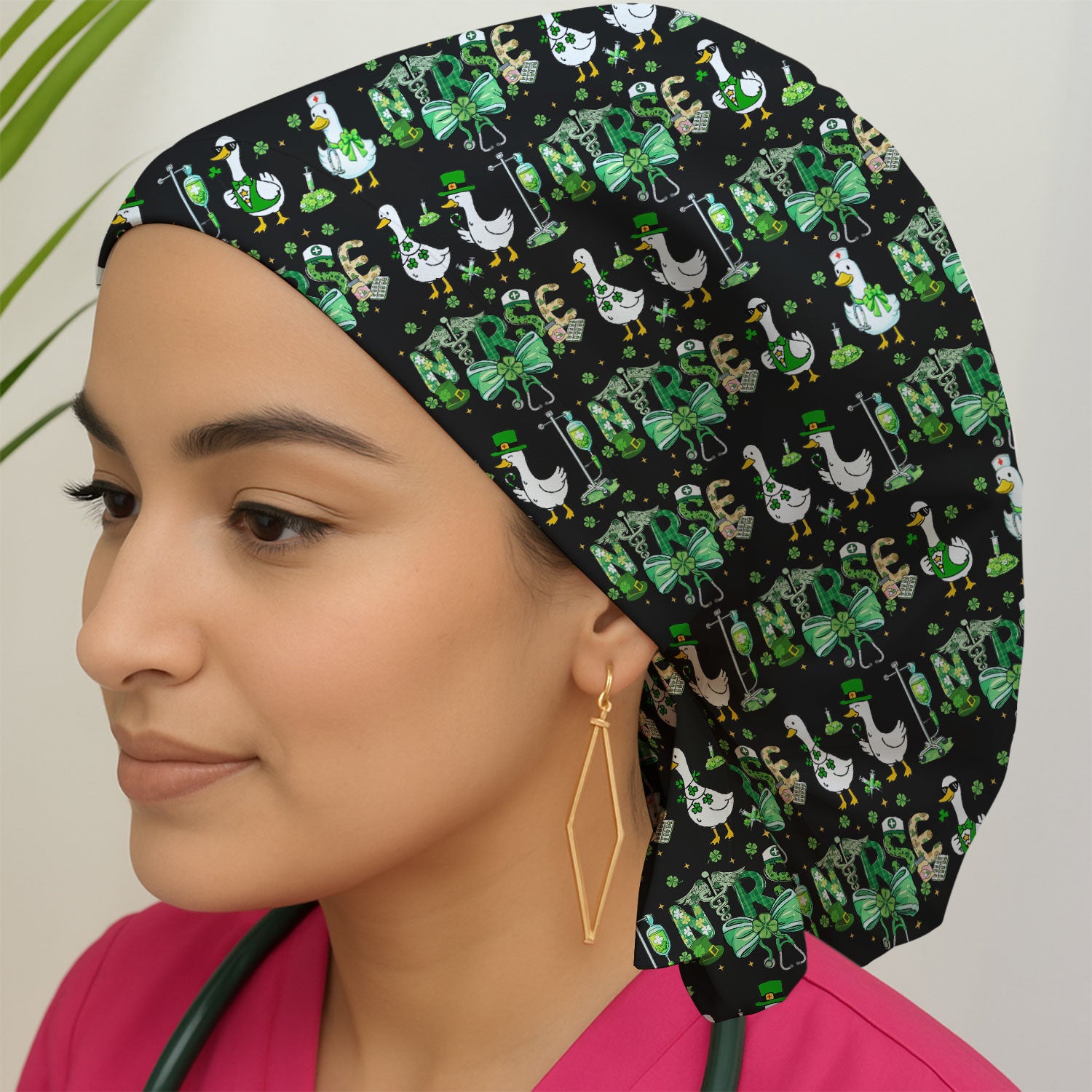 Funny Goose Nurse Shamrock Scrub Cap, St. Patrick’s Day Nurse Pattern Hat, Breathable Fabrics Nursing Uniform