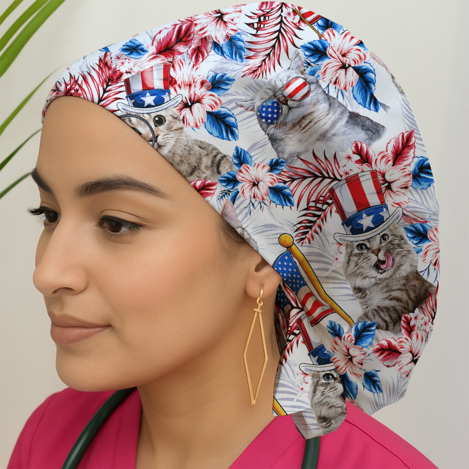 Patriotic Cat with USA Flag Scrub Cap, Surgical Caps for Doctors