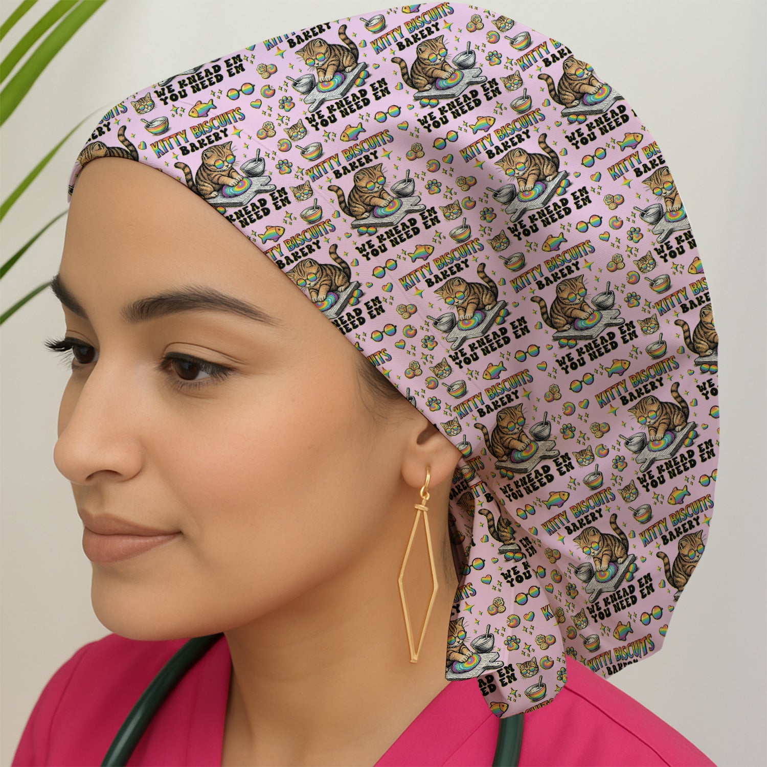 Pride Nurse Cat Baking Rainbow Dough Pattern Cap, Bouffant Scrub Caps for Women