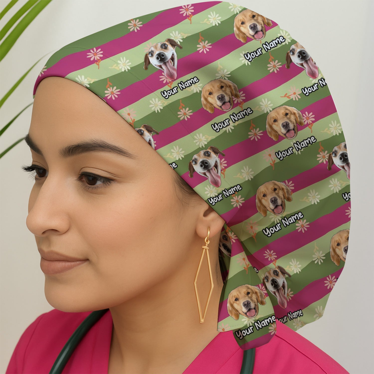 Personalized Floral Dog Portrait With Spring Stripes Pattern Scrub Cap, Surgical Caps for Doctors
