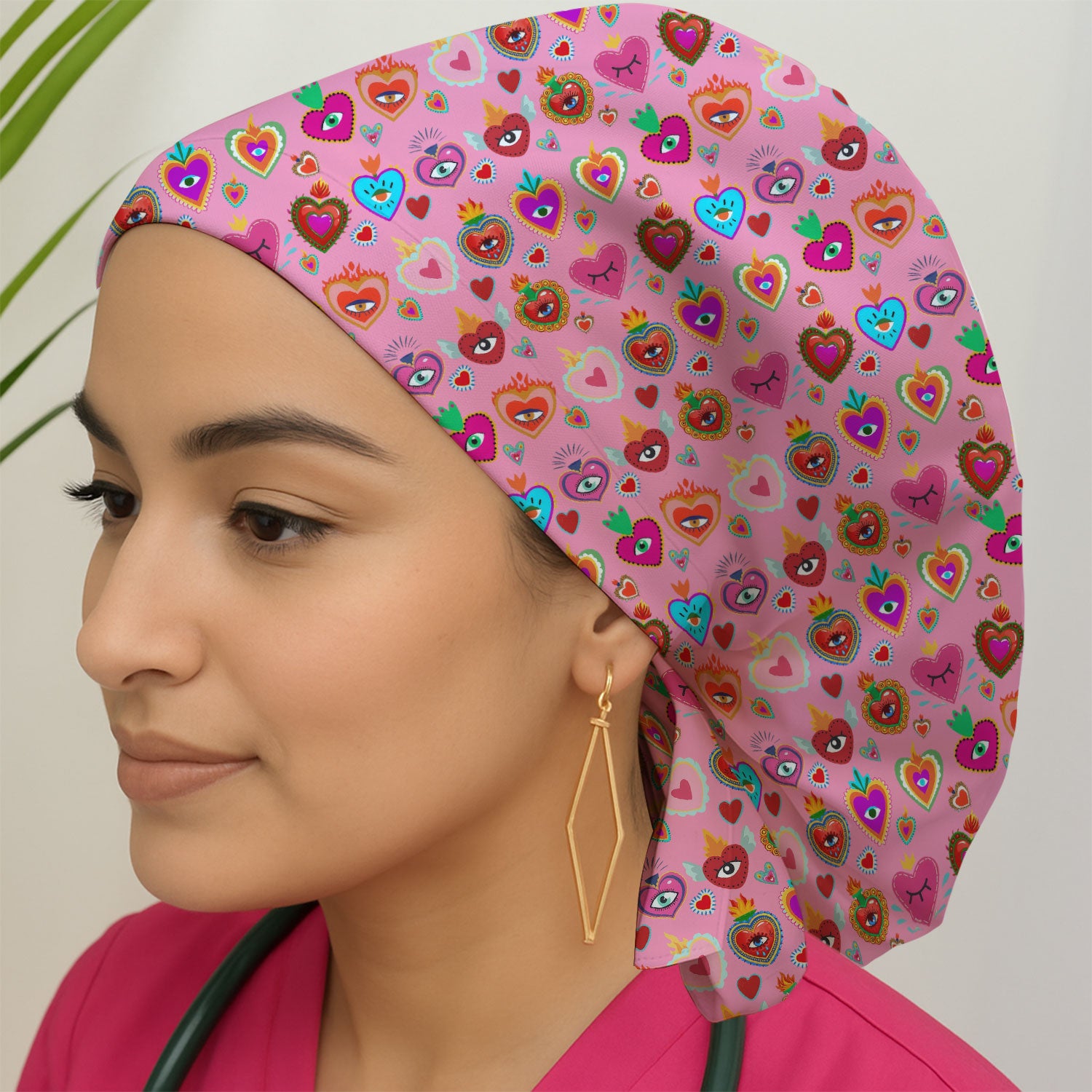 Valentine Colorful Sacred Heart Print Cap, Bouffant Scrub Caps for Women