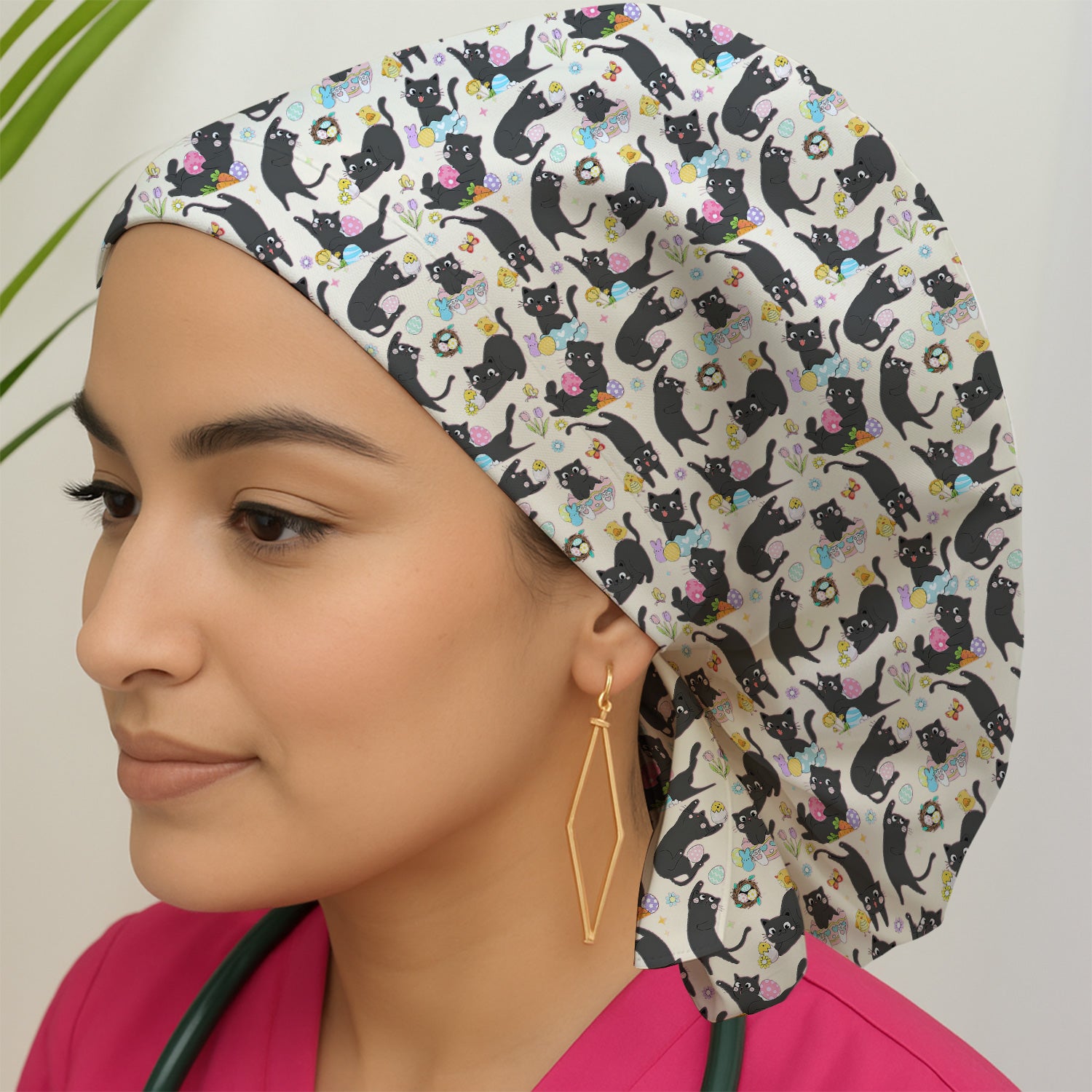 Playful Black Cat Easter Egg Pattern Cap, Bouffant Scrub Caps for Women