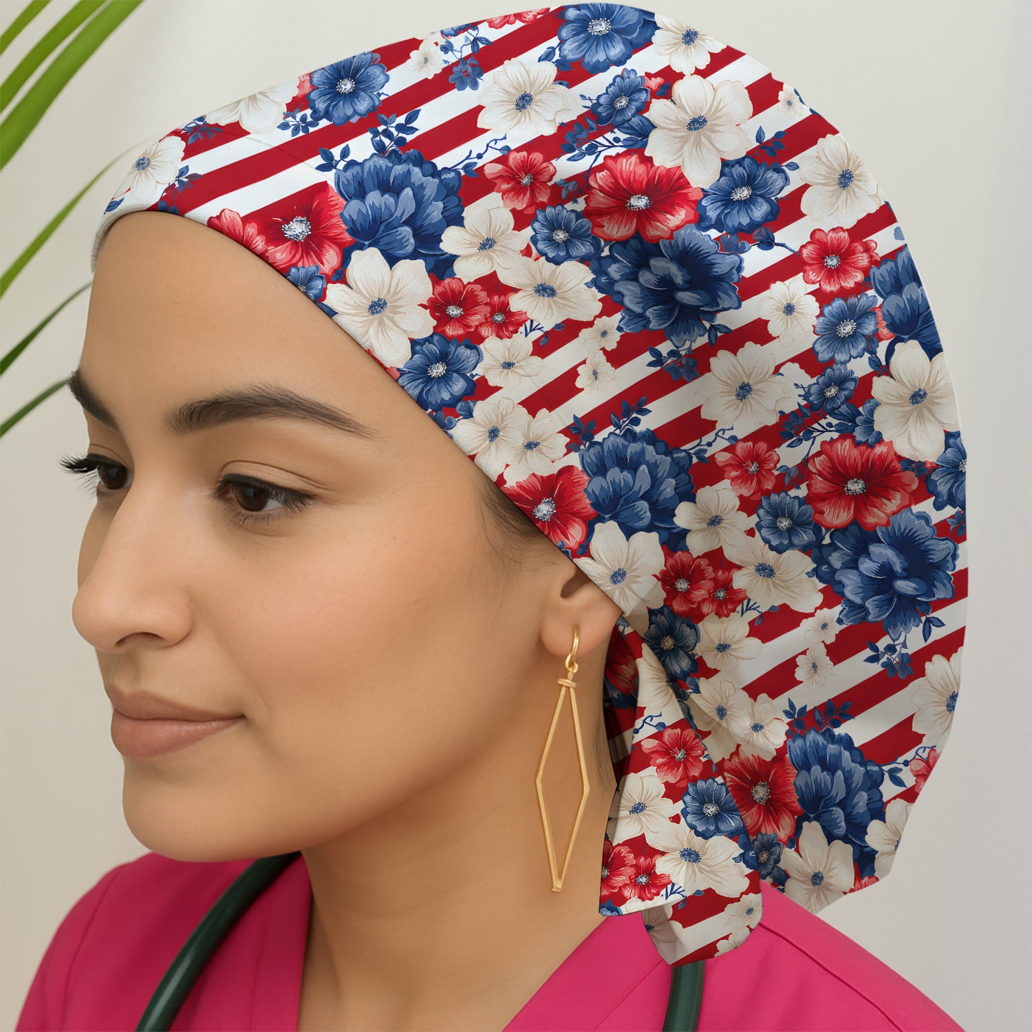 Patriotic Floral Nurse for RN & CNA, American Flag Healthcare Workers Medical Uniform Scrub Cap, Surgical Caps for Doctors