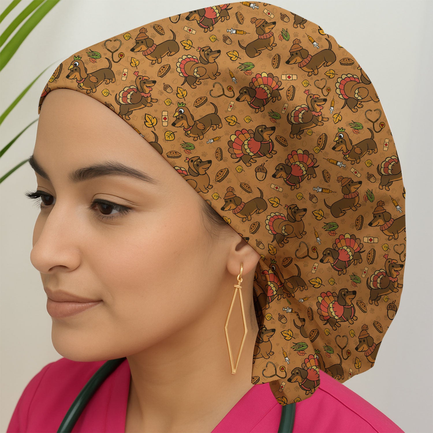 Thanksgiving Wiener Dog Bouffant Scrub Caps for Women - Funny Dachshund Turkey Holiday Nursing Gift - Breathable Fabrics Caps